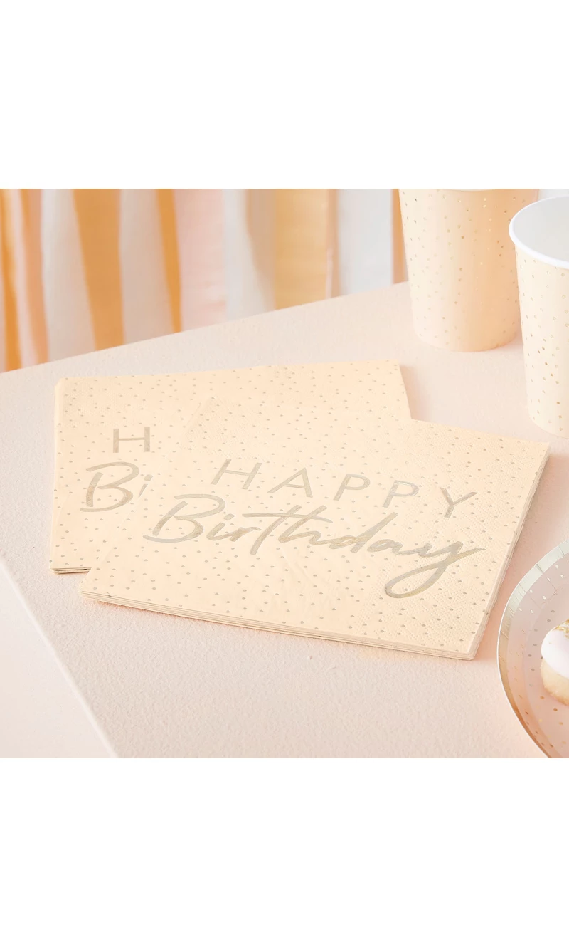 Peach & Gold Happy Birthday Paper Napkins - 16pk