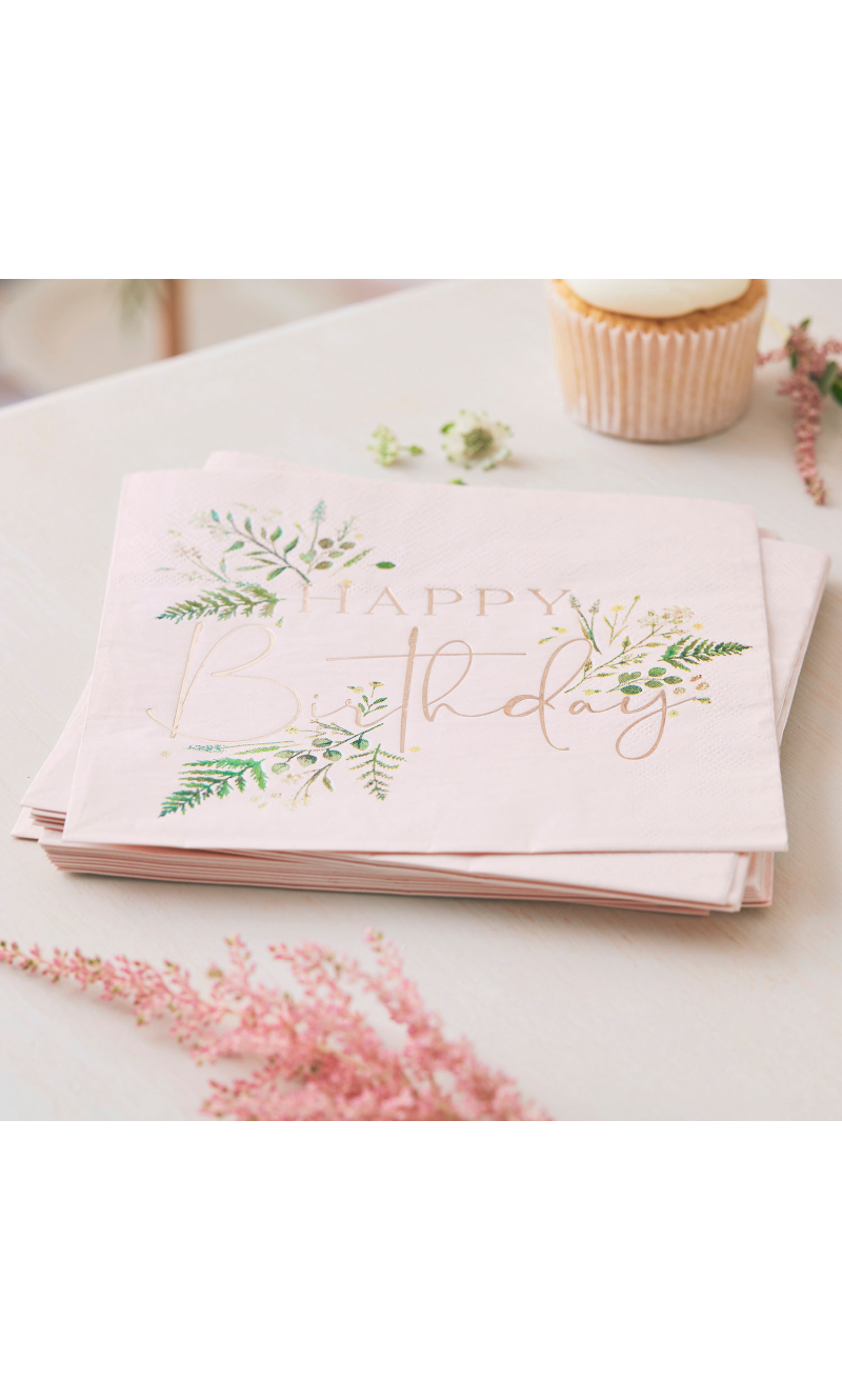 Floral Pink Happy Birthday Napkins 16.5cm x 16.5cm - 16pk