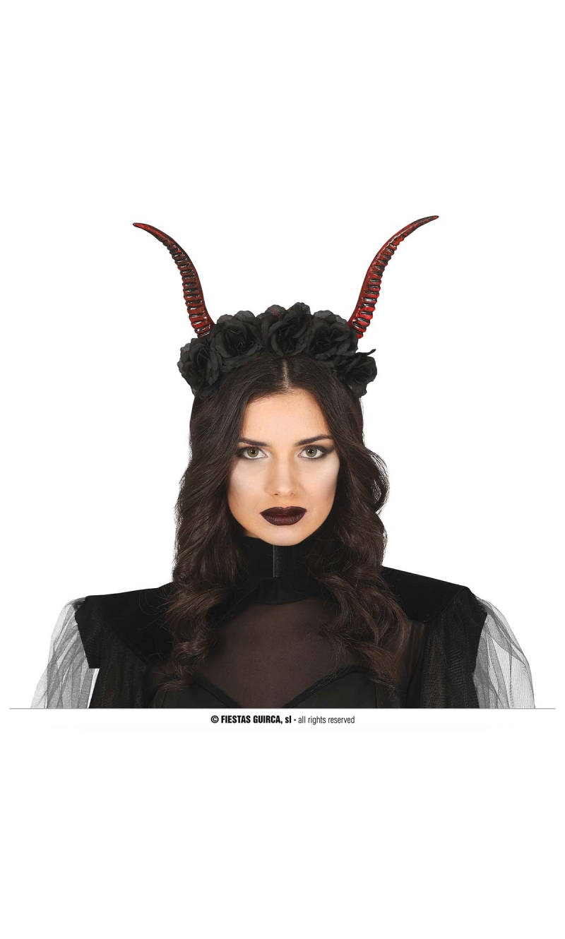 Headband Horns With Black Flowers