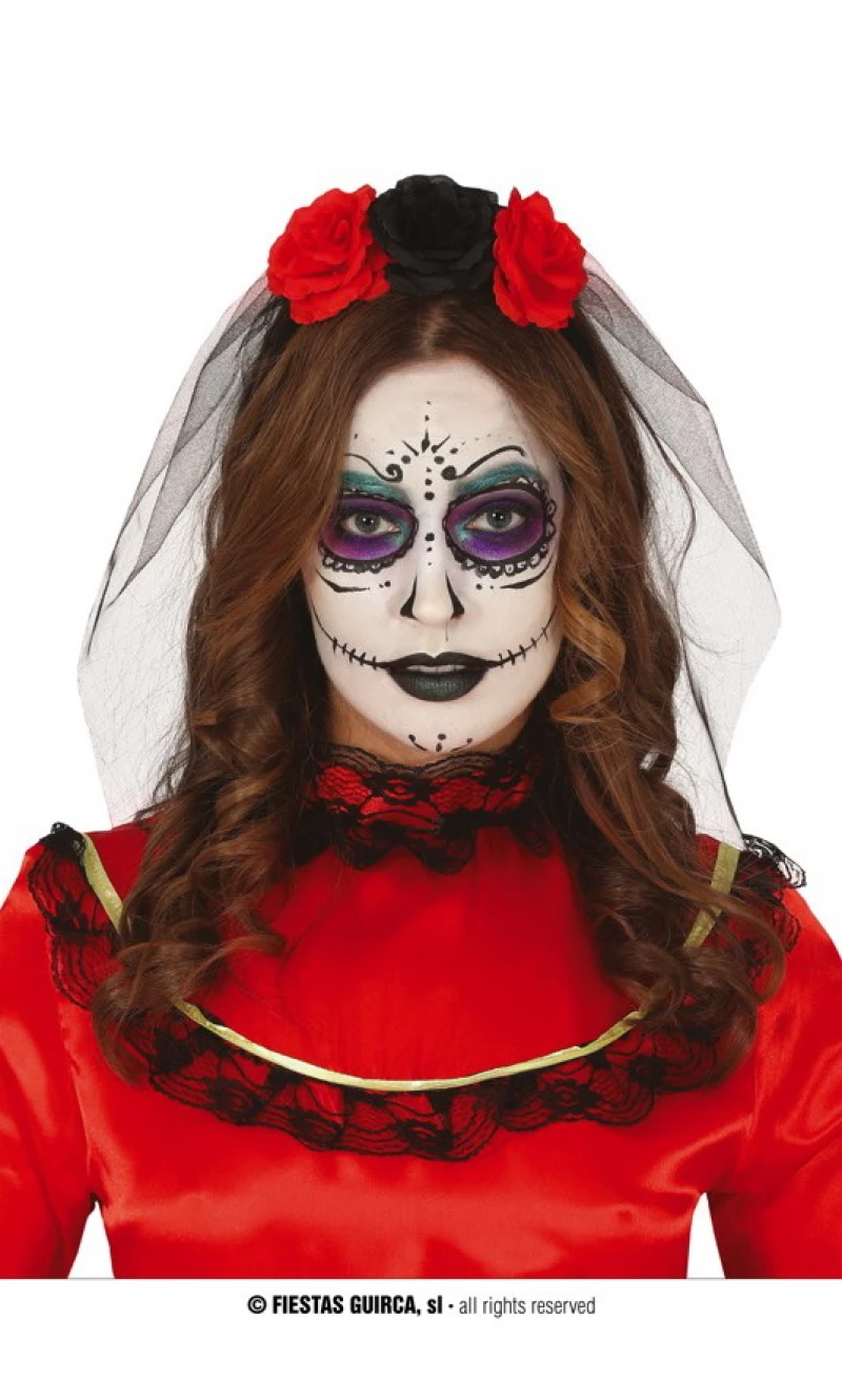 Black & Red Floweres Headband With Veil