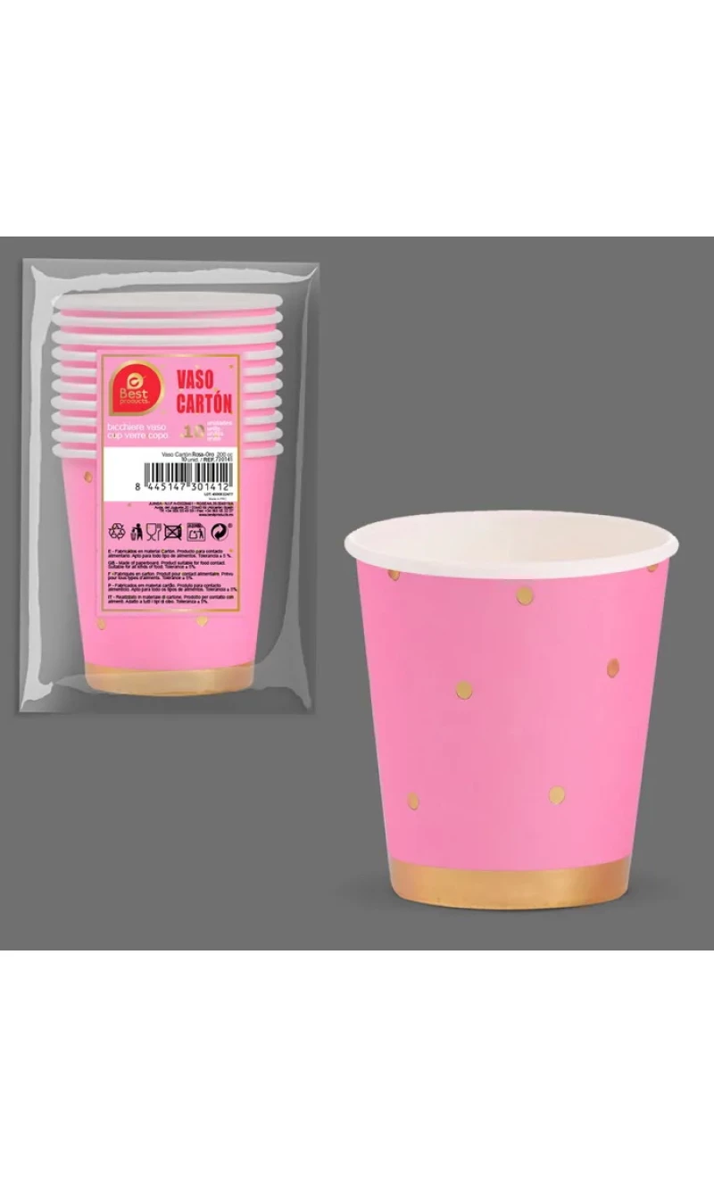 Pink With Gold Dots Paper Cups 200ml - 10pk
