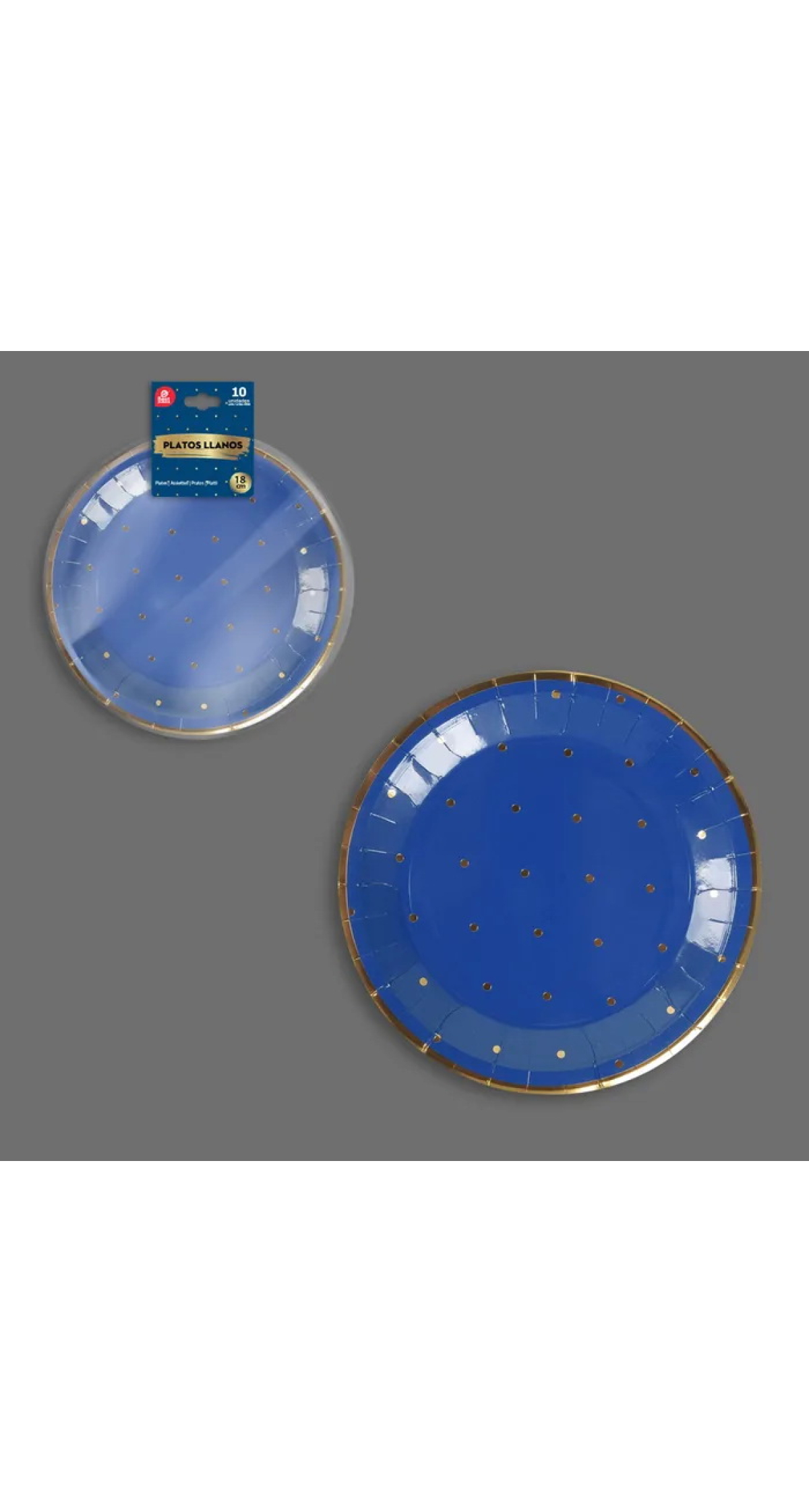 Blue With Gold Dots Paper Plates 18cm - 10pk