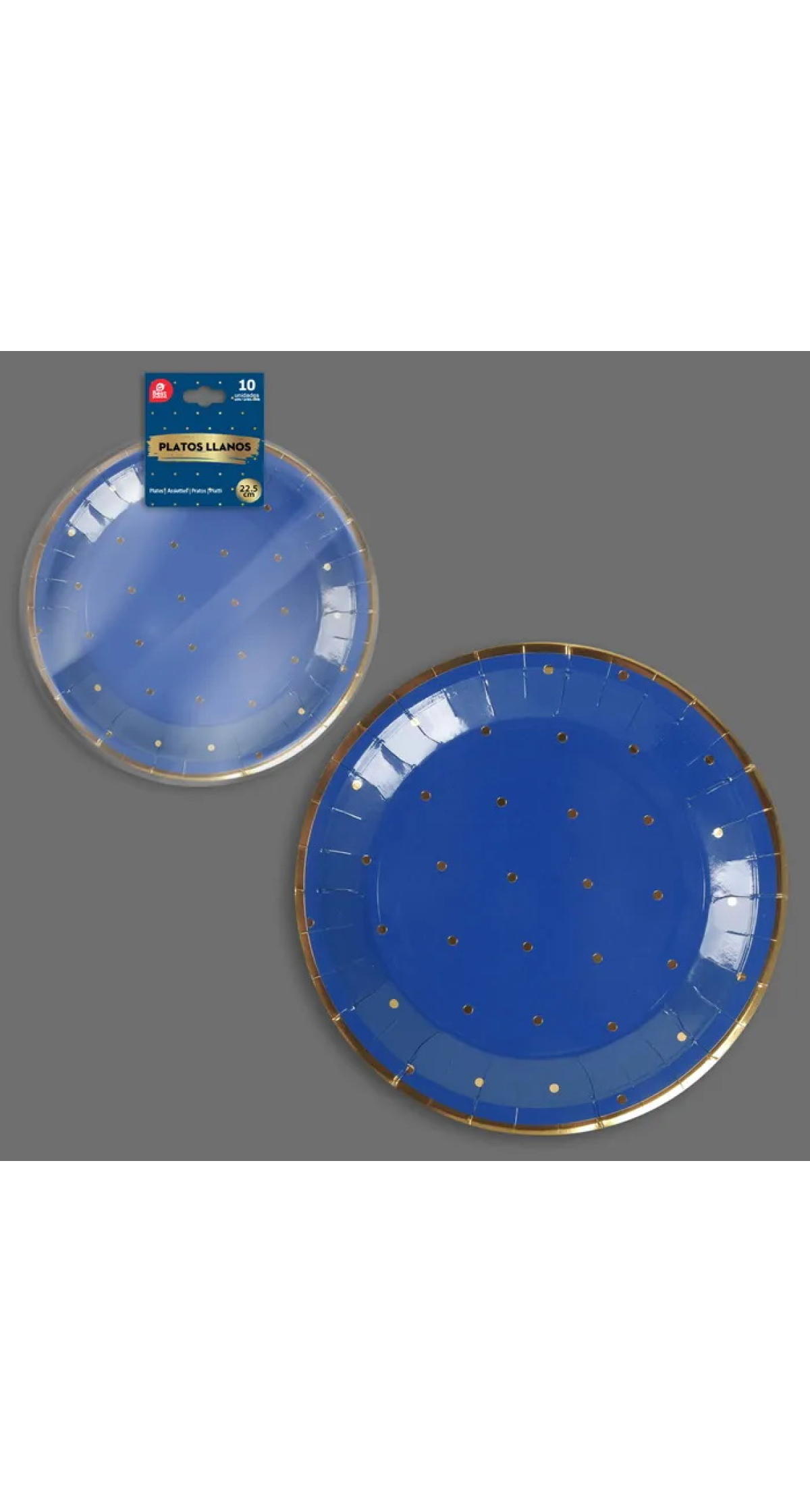 Blue With Gold Dots Paper Plates 22.5cm - 10pk