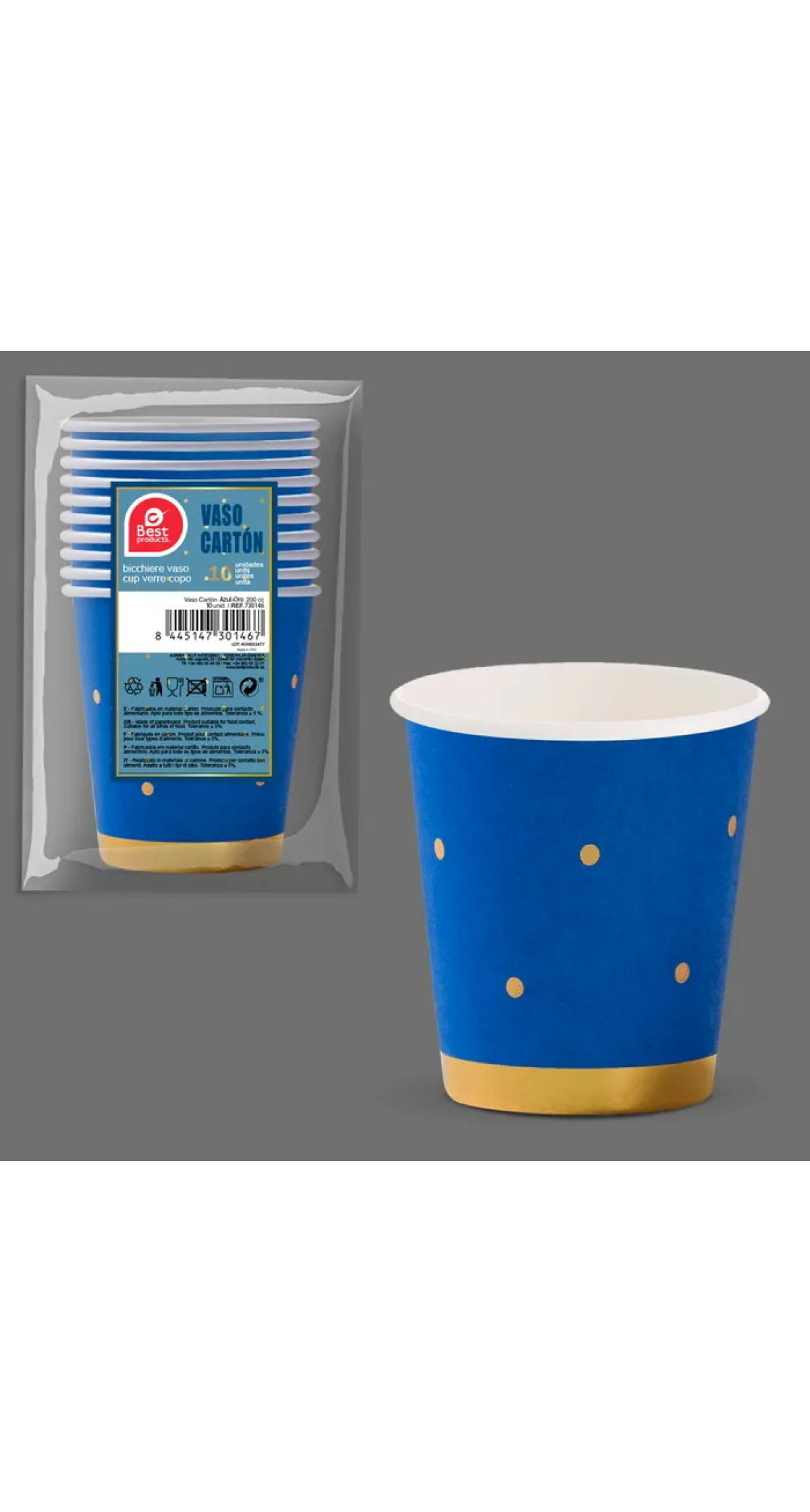 Blue With Gold Dots Paper Cups 200ml - 10pk