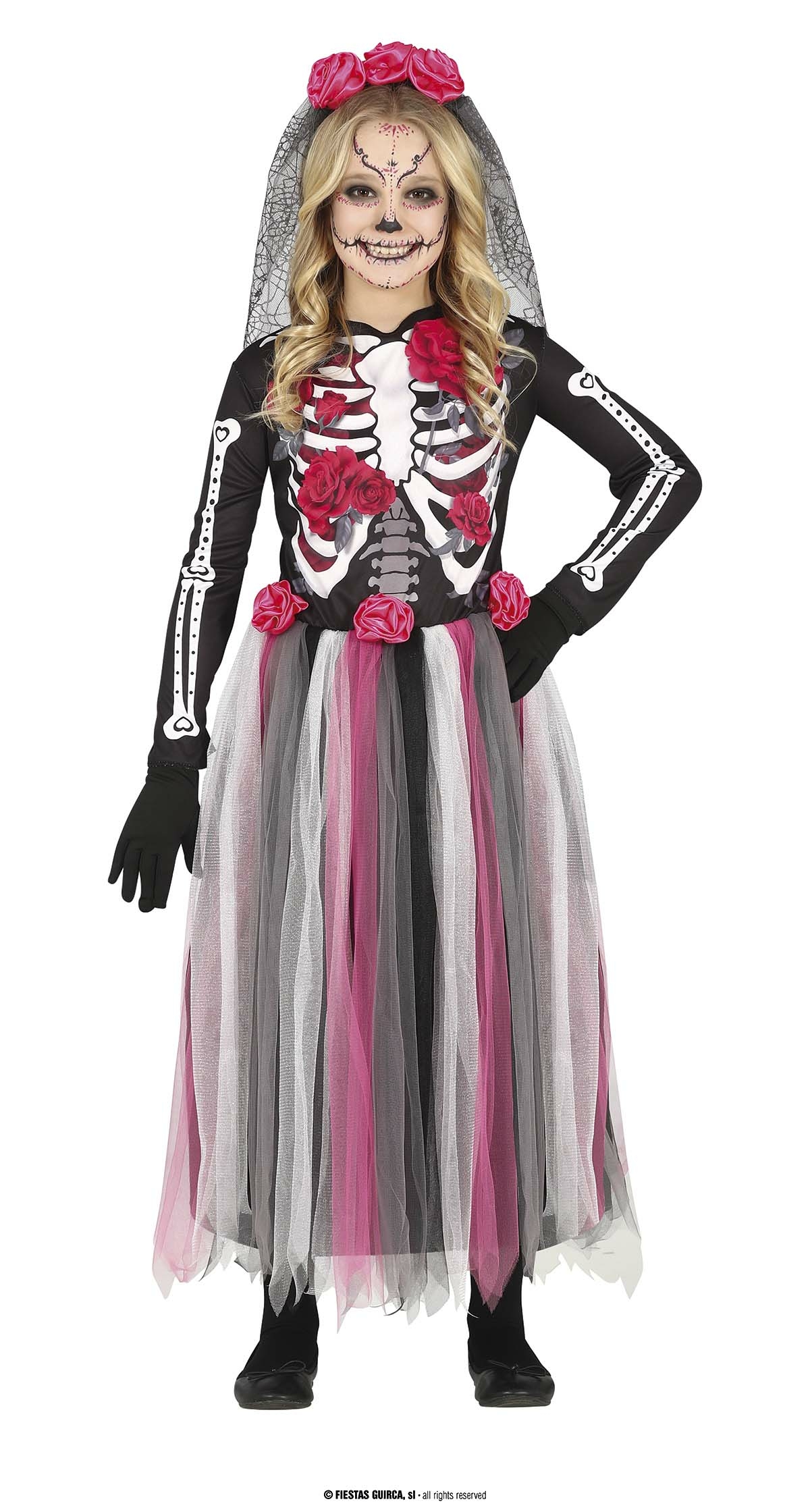 Pink Day of the Dead Girl with Flowers Headband - Age 10 to 12 Years