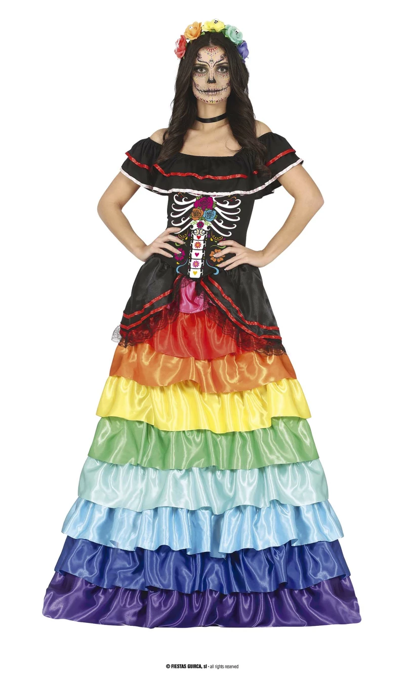 Day of the Dead Lady with Rainbow Ruffles - Adult Size Medium (10-12)