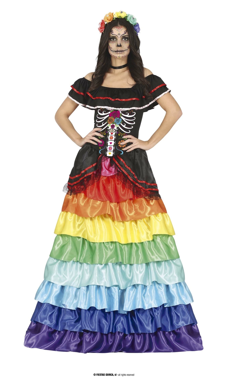 Day of the Dead Lady with Rainbow Ruffles - Adult Size Large (14-16)