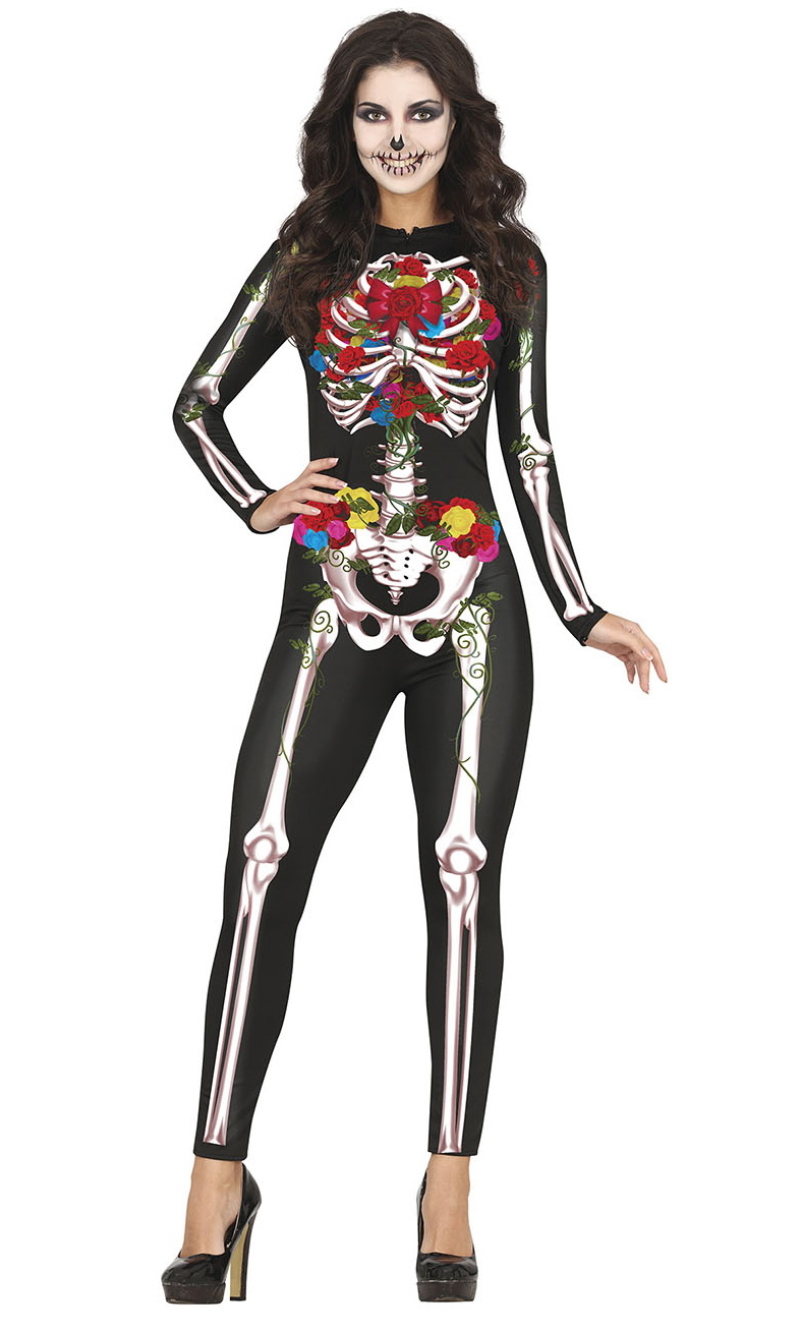Colourful Skeleton Lady Costume - Adult Size Small (36-38)