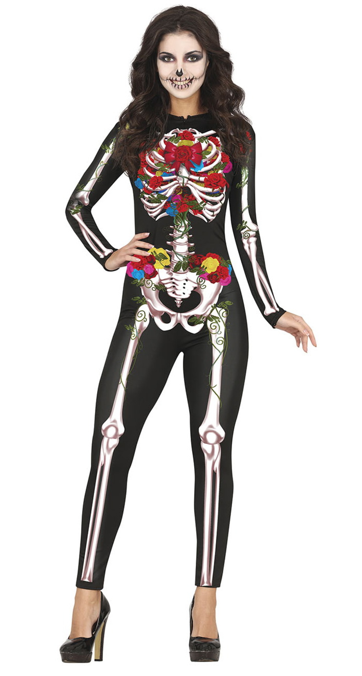 Colourful Skeleton Lady Costume - Adult Size Medium (38-40)
