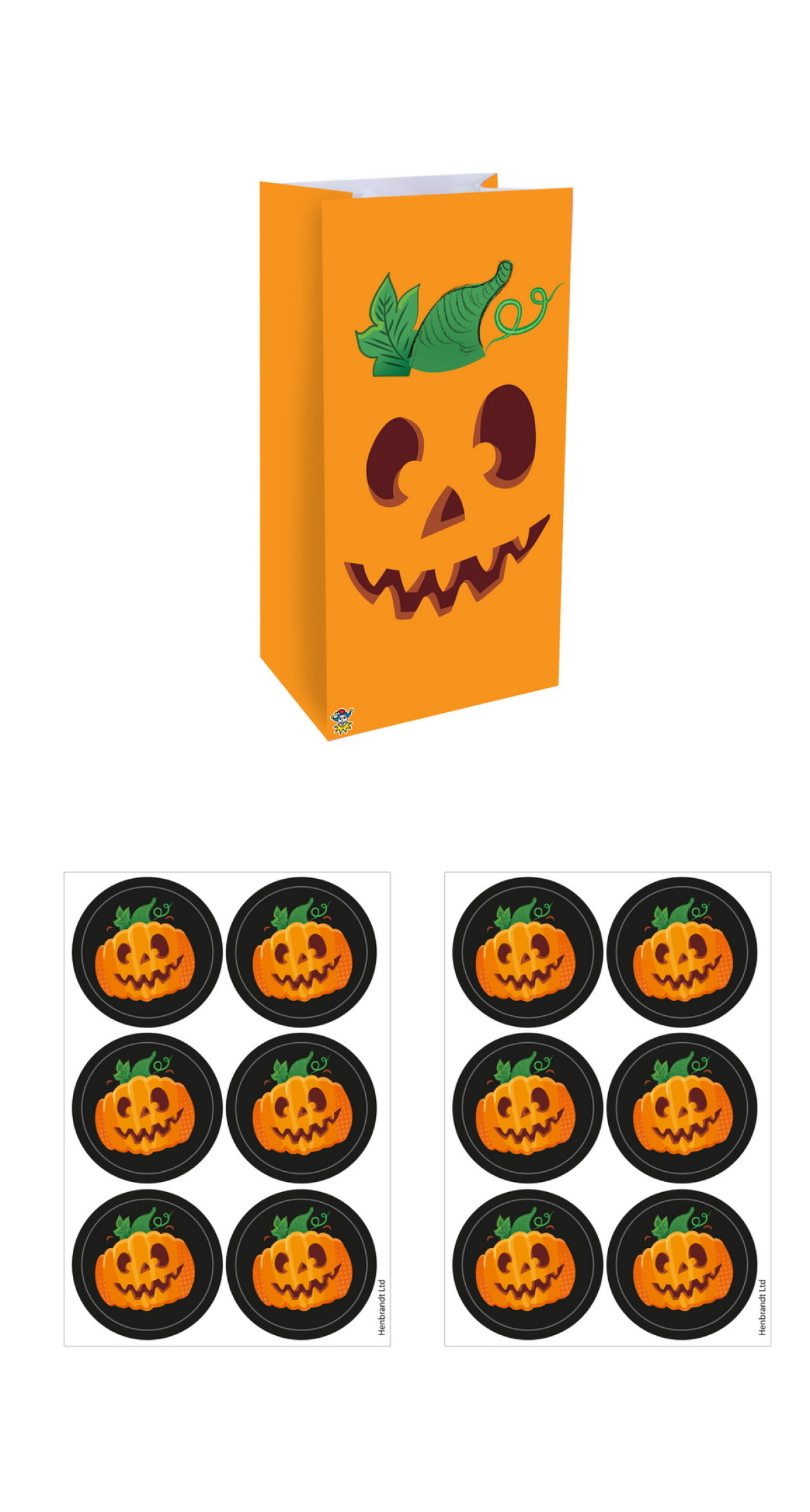 Halloween Pumpkin Paper Party Bags with Stickers (13x25x8cm) – 12pk