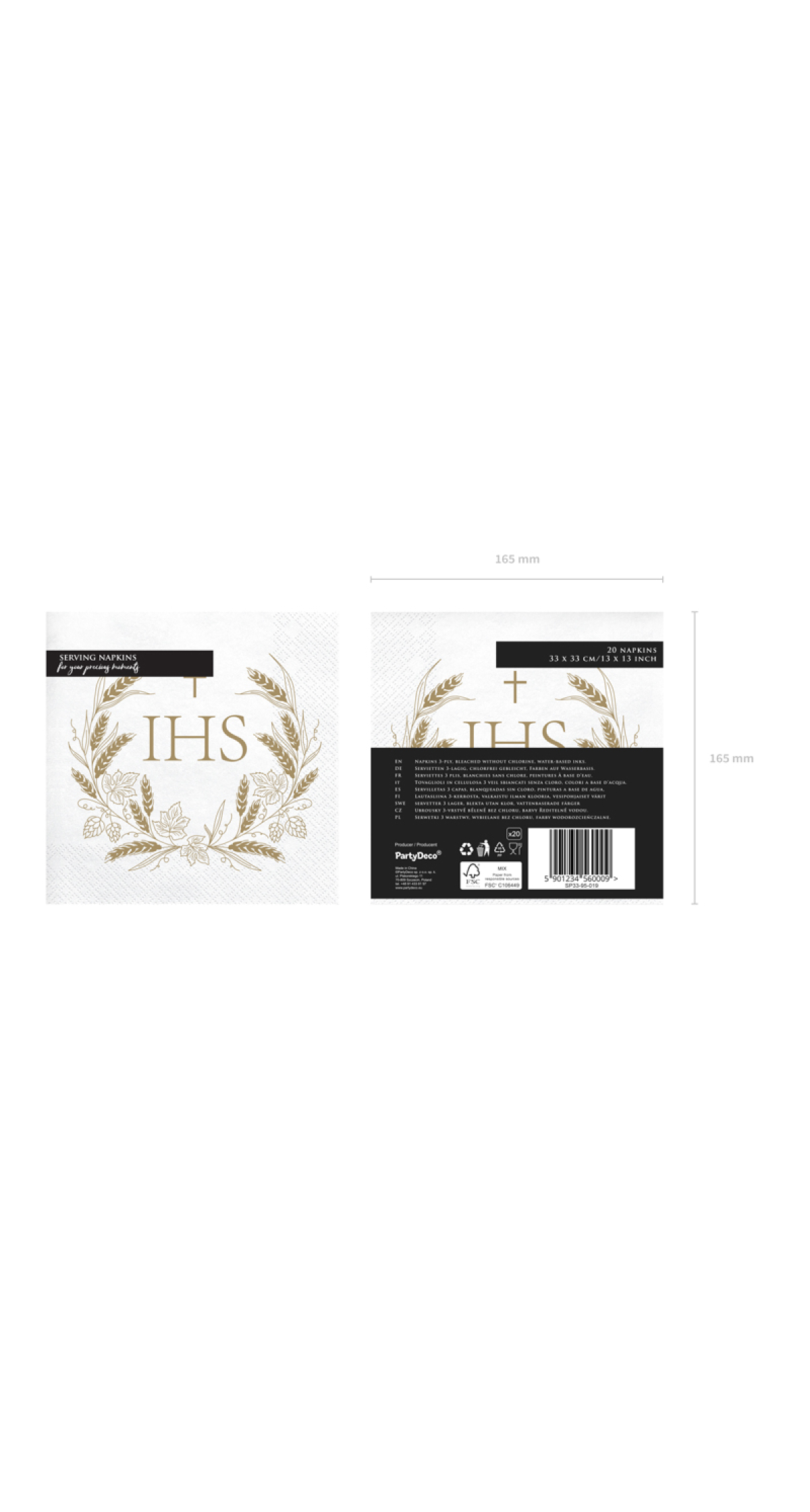 Holy Communion Napkins IHS, 33x33cm, Gold (1pkt / 12pc)
