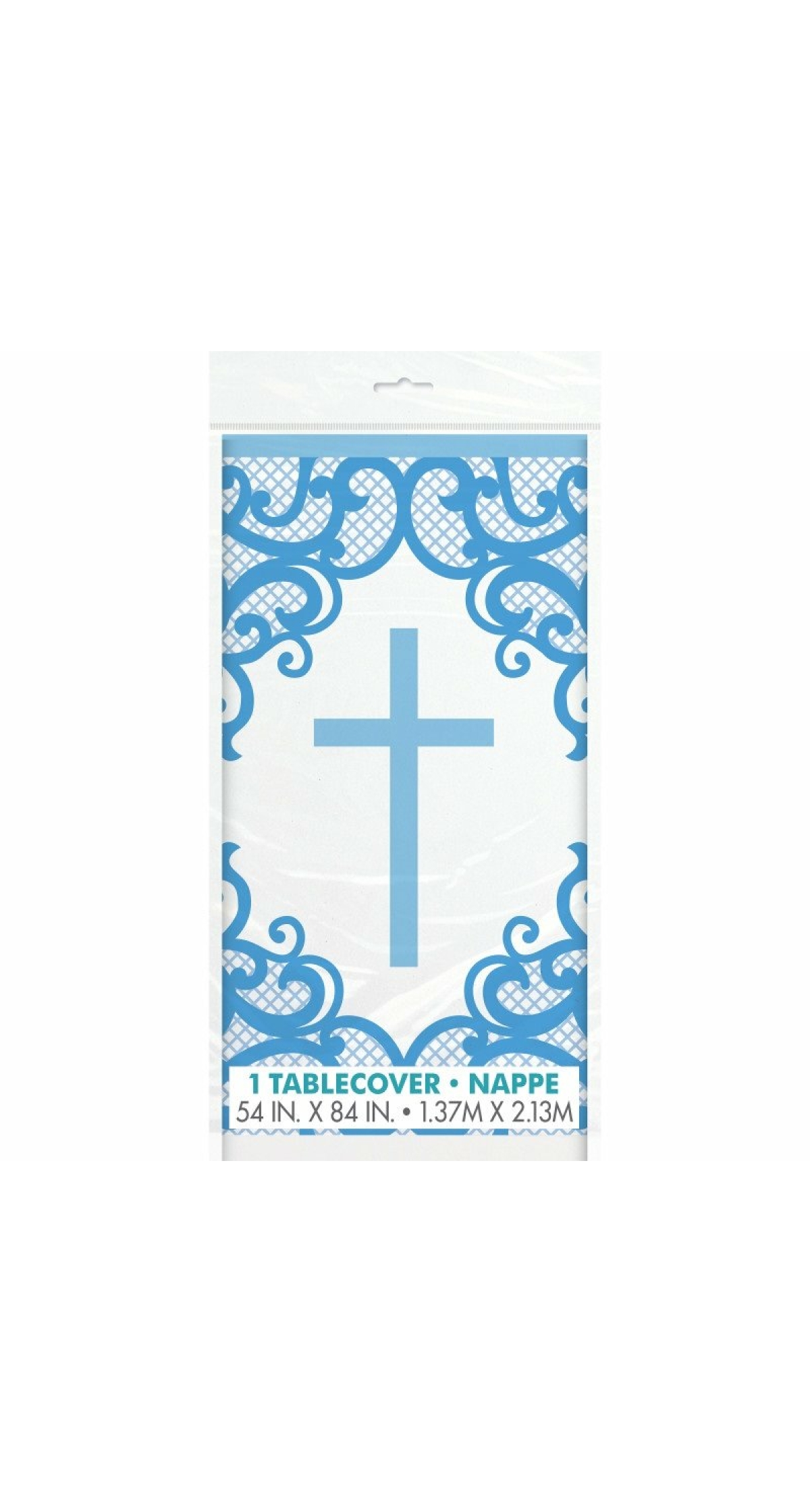 Fancy Blue Cross Plastic Table Cover - 54" x 84"