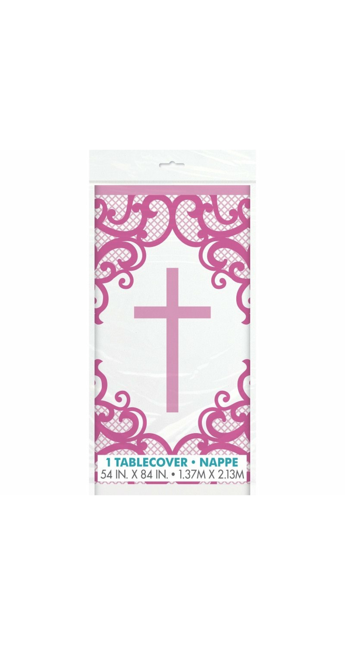 Fancy Pink Cross Plastic Table Cover - 54" x 84"