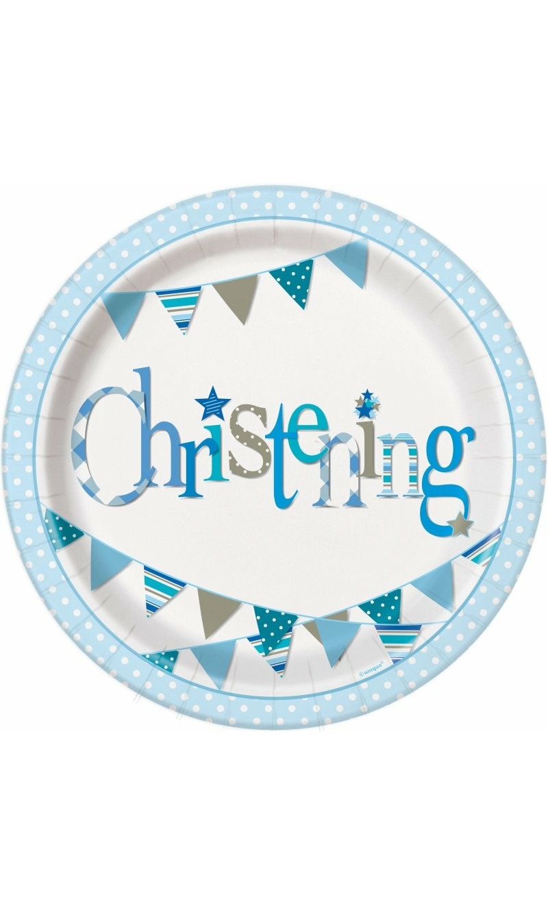 Blue Bunting Christening Round 9 Inch Paper Plates - 8pk