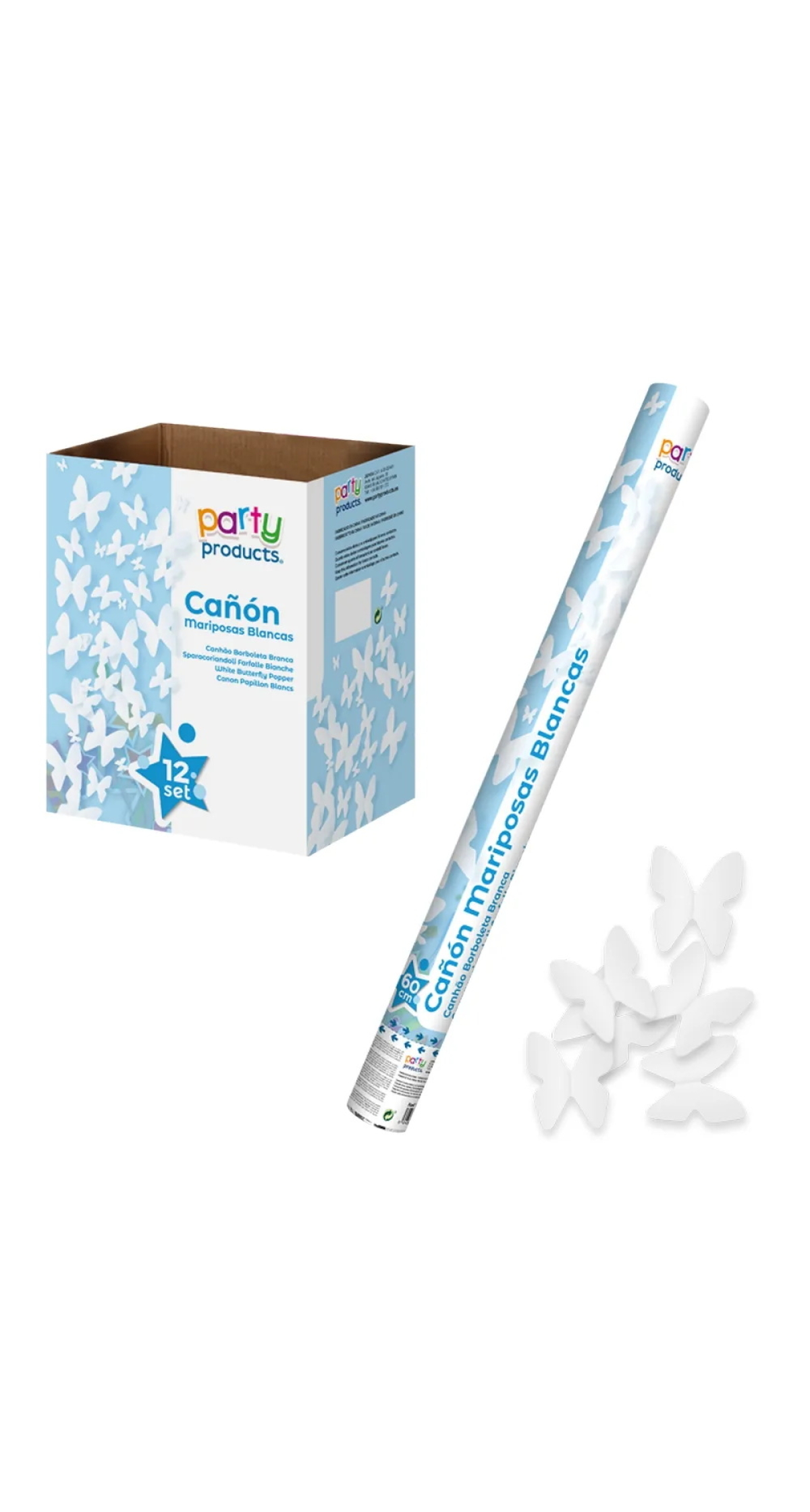 Confetti Cannon / Popper With Butterflies, White, 60cm