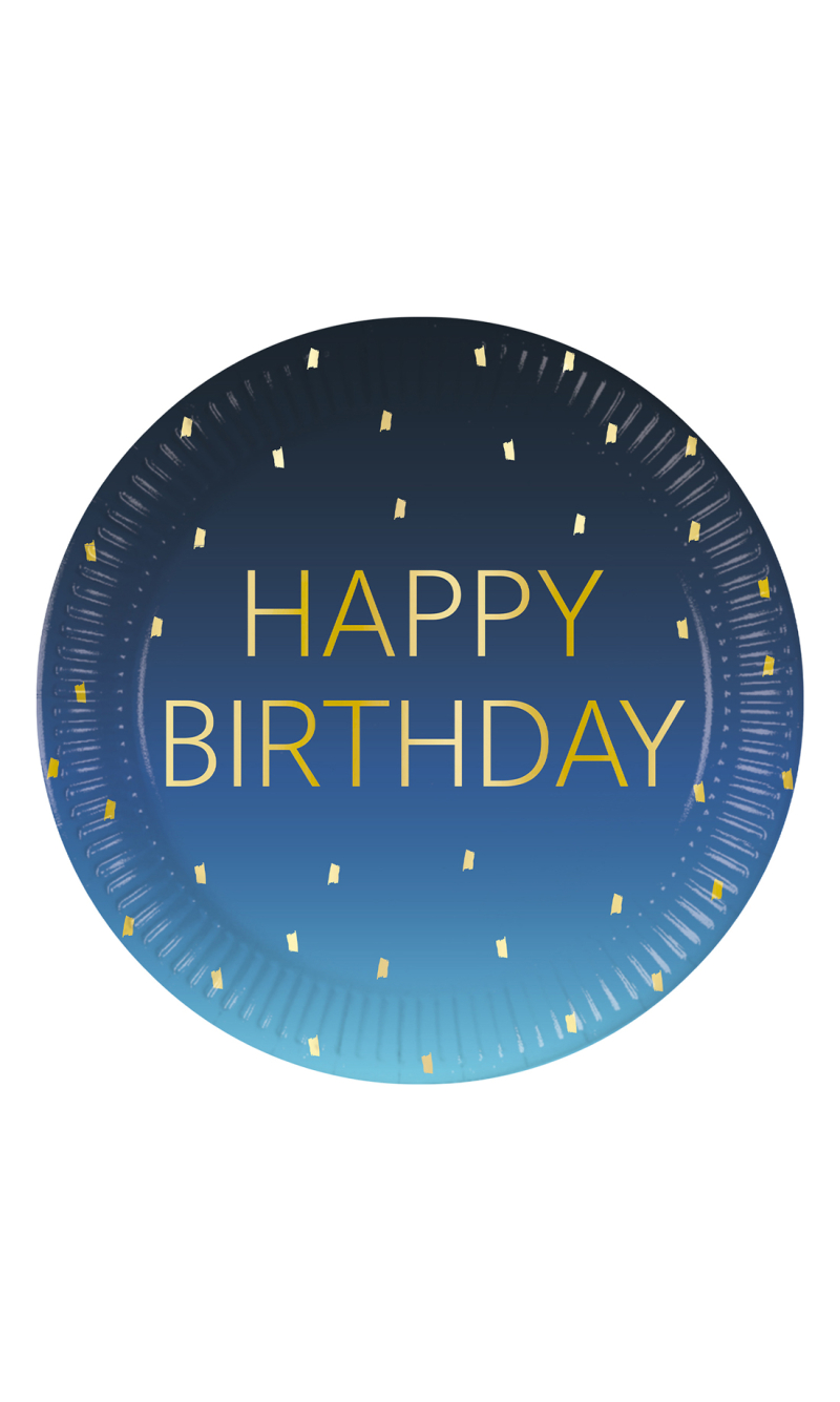 Golden Happy Birthday Blue FSC Paper Plates Large 23cm - 8pk