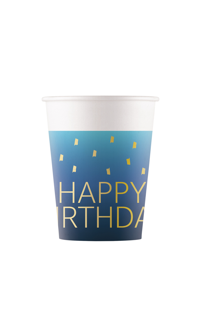 Golden Happy Birthday Blue FSC Paper Cups 200ml - 8pk