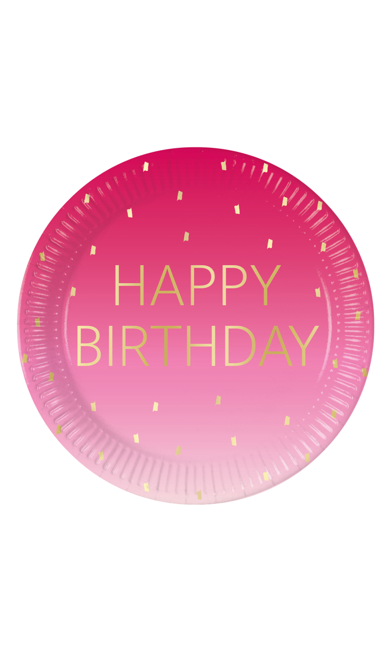 Golden Happy Birthday Pink FSC Paper Plates Large 23cm - 8pk