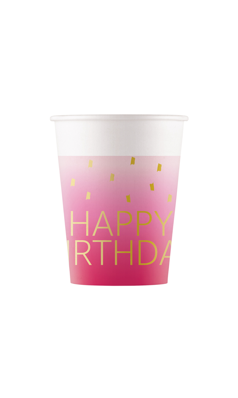 Golden Happy Birthday Pink FSC Paper Cups 200ml - 8pk