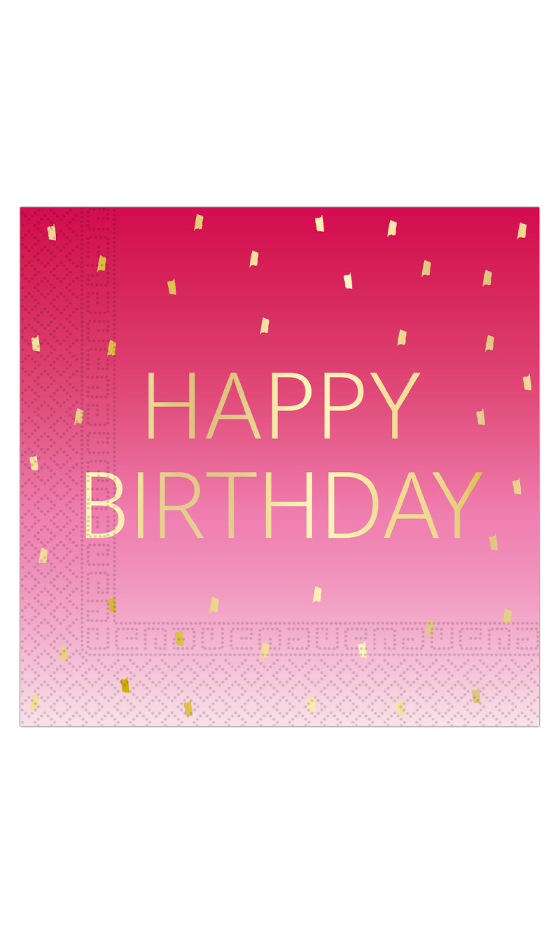 Golden Happy Birthday Pink FSC Paper Napkins 33x33cm - 20pk
