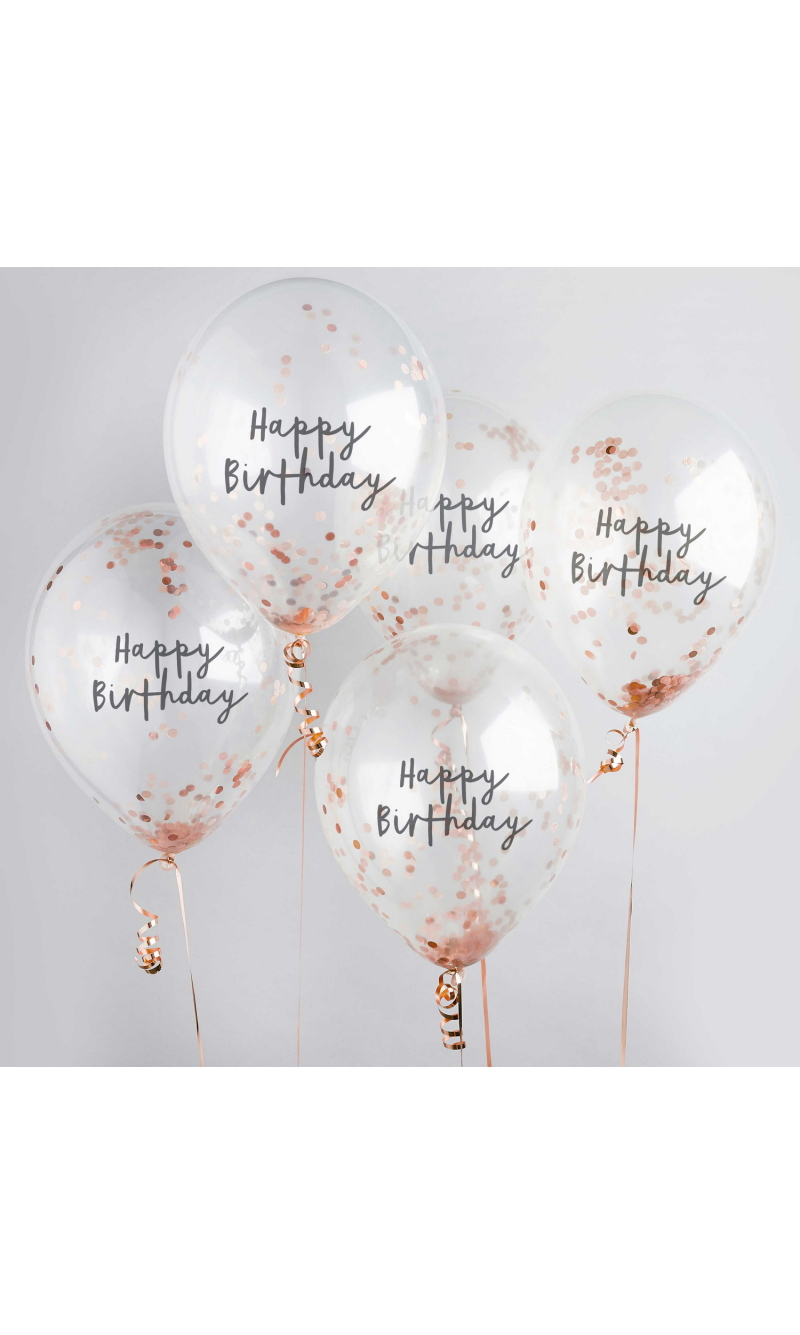 Rose Gold H/Birthday Confetti 12 Inch Latex Balloons 5pk