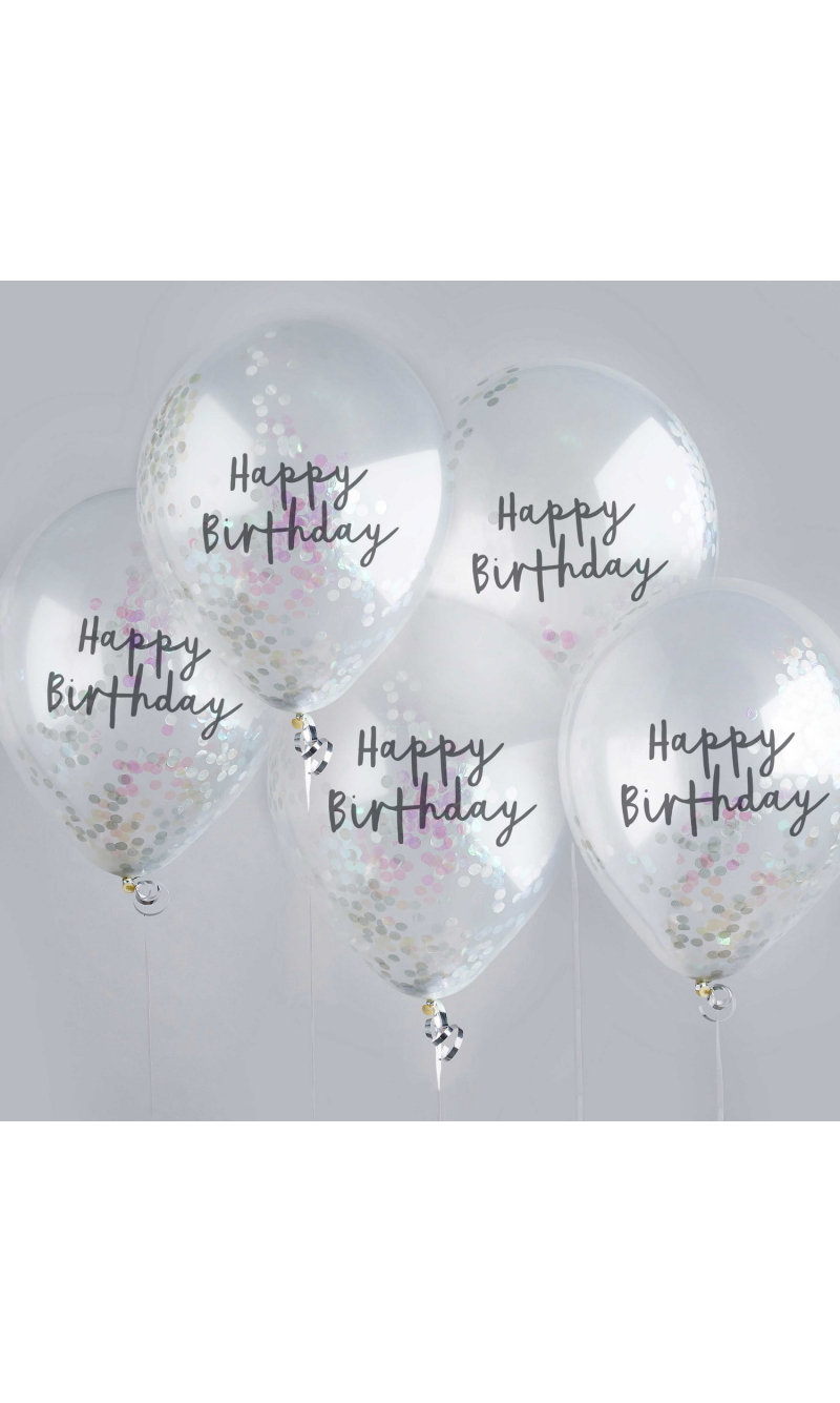 Iridescent Happy Birthday Confetti 12 Inch Latex Balloons 5pk