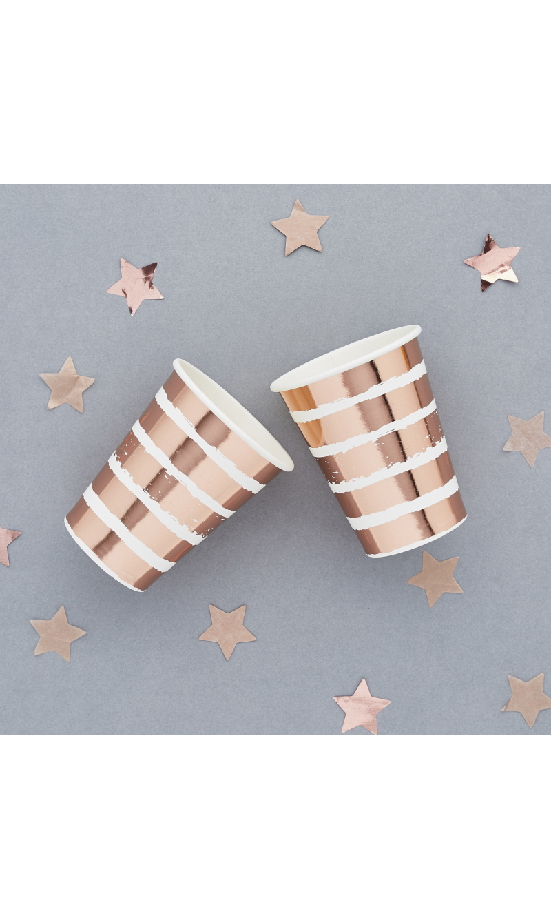 Rose Gold Striped Paper Cups 8pk (75x95mm)