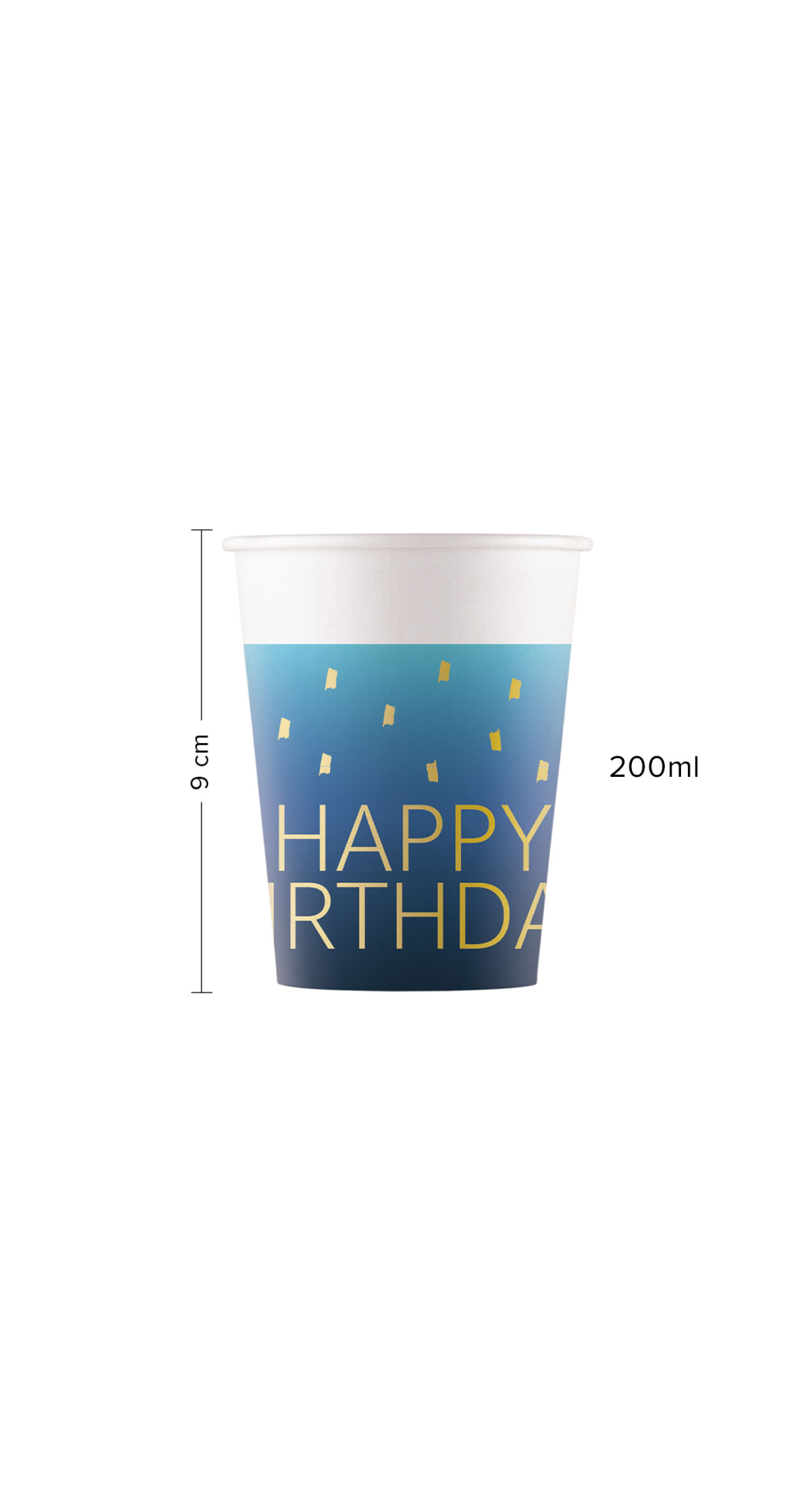 Golden Happy Birthday Blue FSC Paper Cups 200ml - 8pk - Image 2