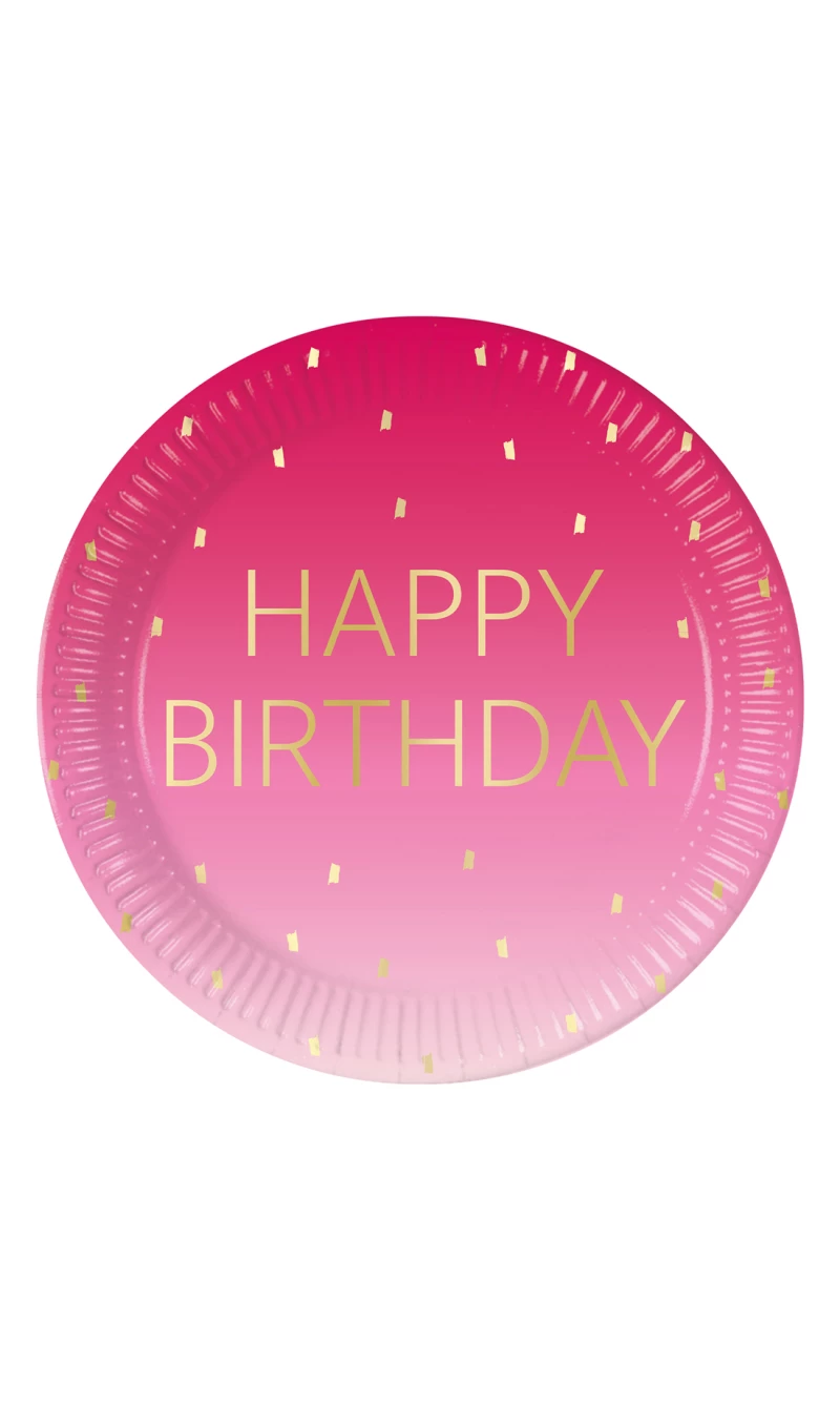 Golden Happy Birthday Pink FSC Paper Plates Large 23cm - 8pk
