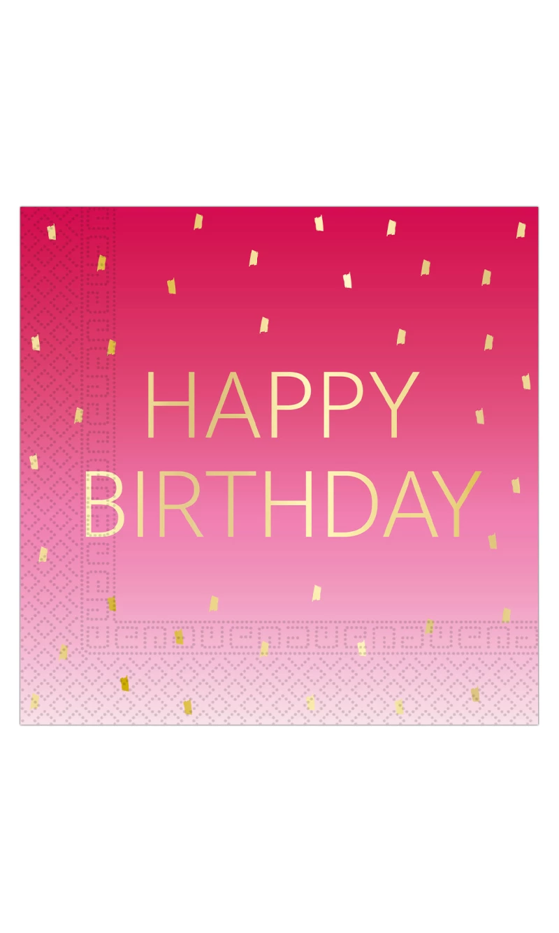 Golden Happy Birthday Pink FSC Paper Napkins 33x33cm - 20pk