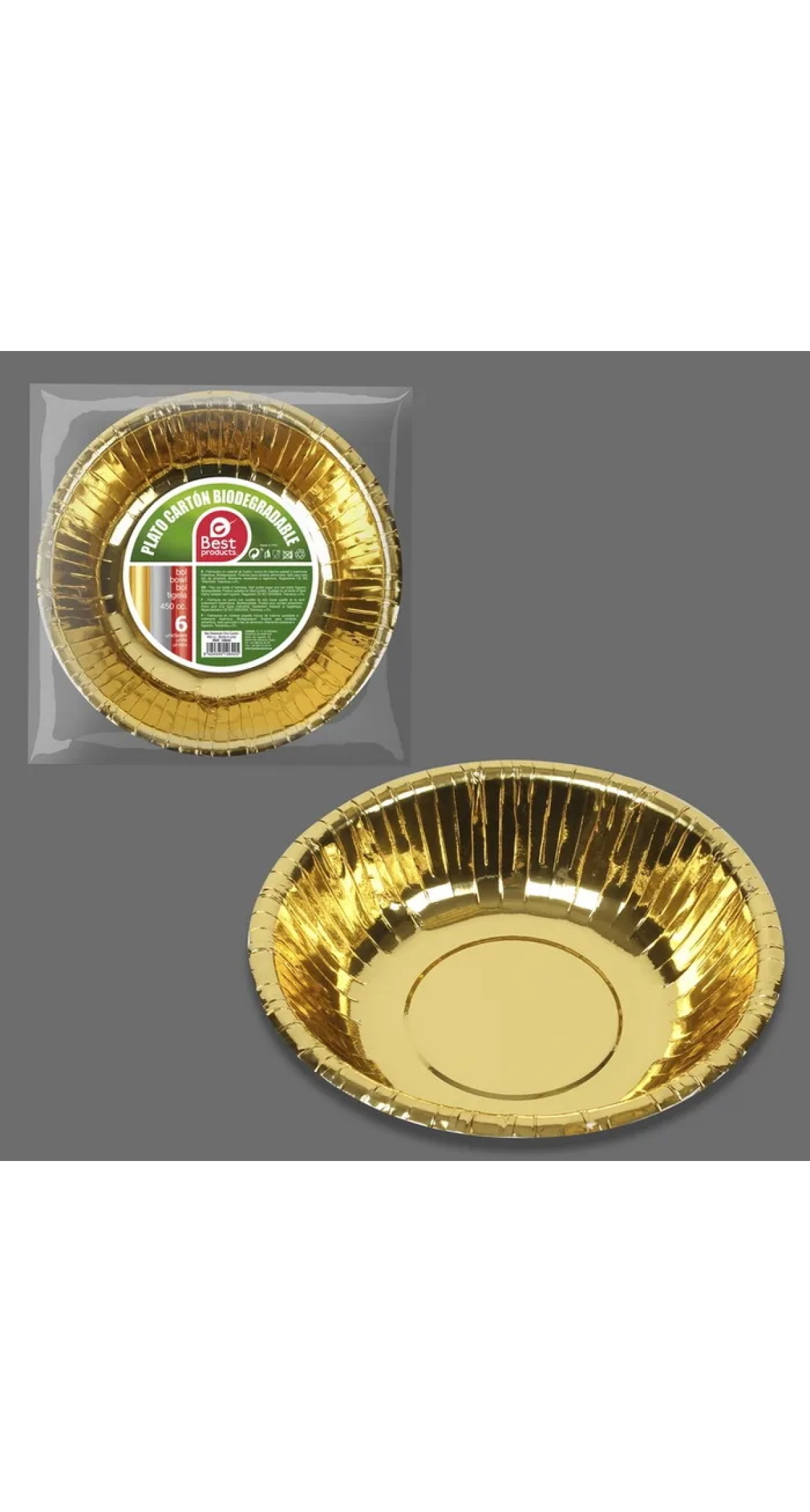 Metallic Gold Round Paper Bowls 17cm - 6pk