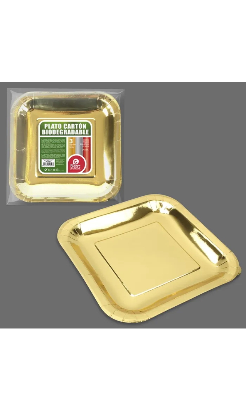 Metallic Gold Square Paper Plates 26cm - 3pk