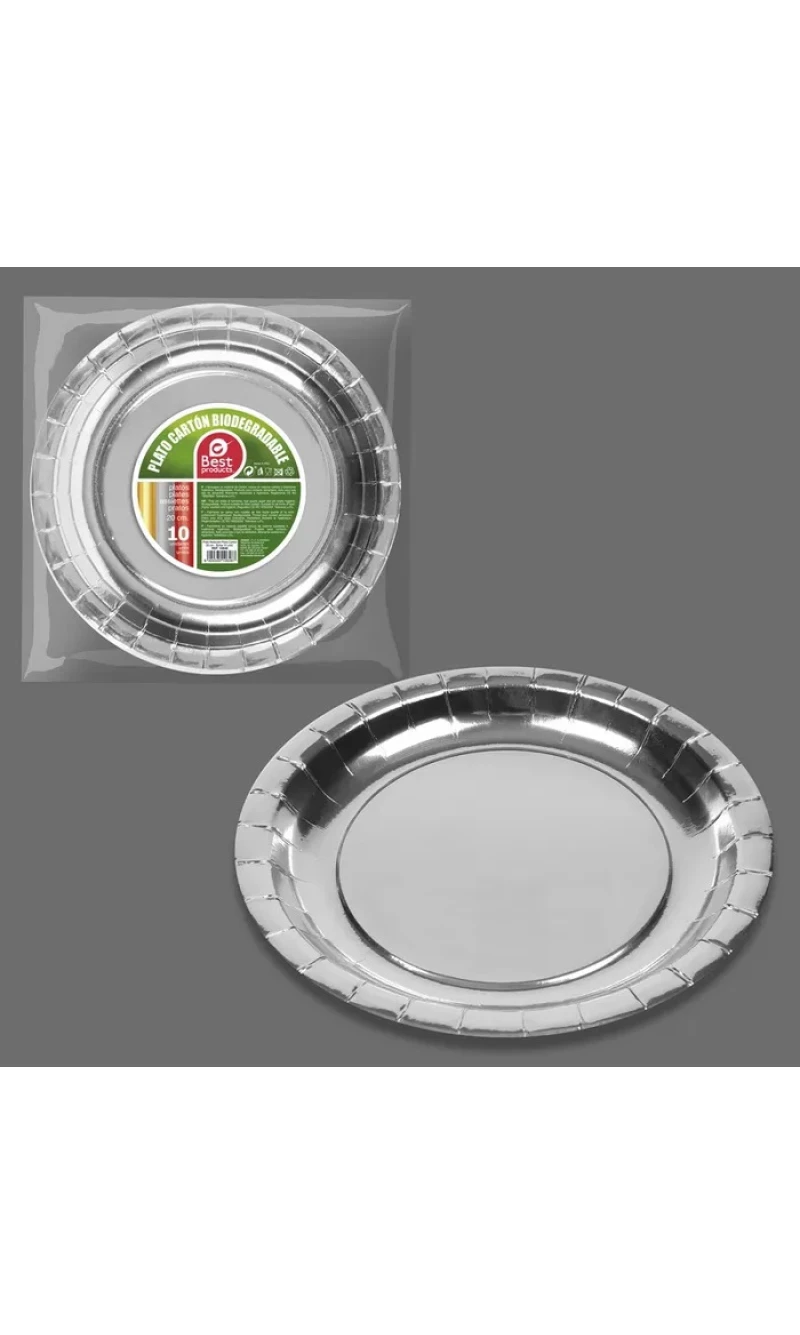 Metallic Silver Round Paper Plates 20cm - 10pk