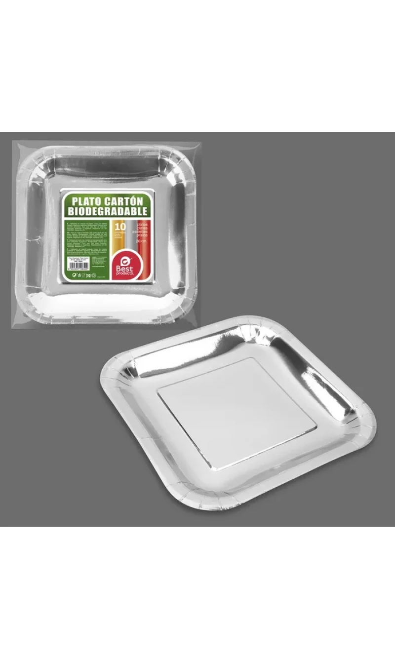 Metallic Silver Square Paper Plate 20cm - 10pk