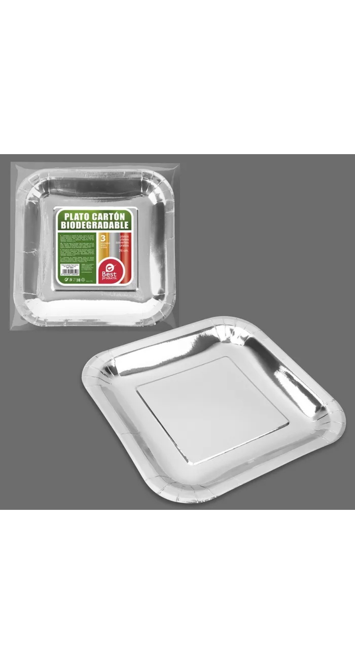 Metallic Silver Square Paper Plates 26cm - 3pk