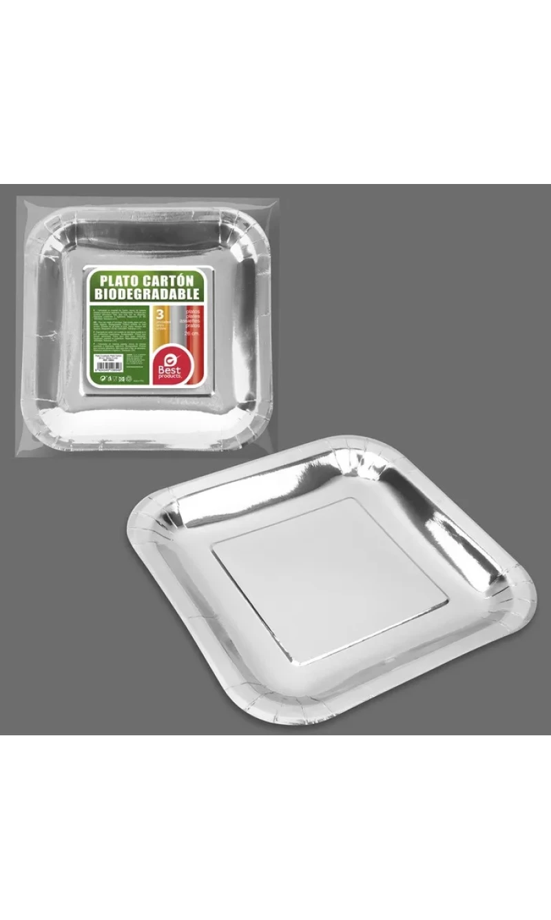 Metallic Silver Square Paper Plates 26cm - 3pk