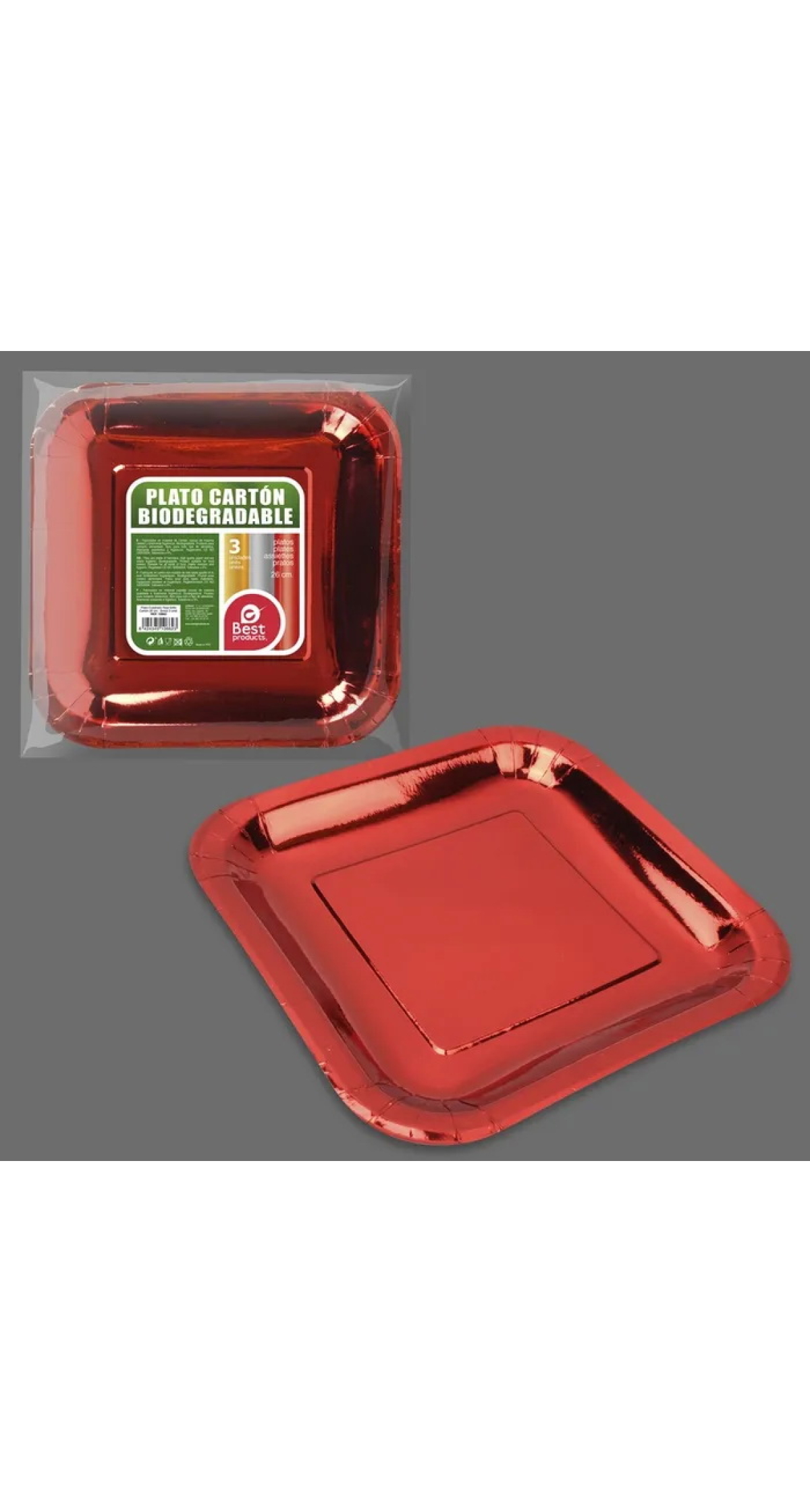 Metallic Red Square Paper Plates 26cm - 3pk