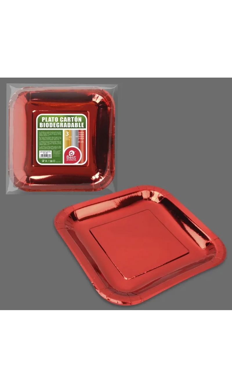 Metallic Red Square Paper Plates 26cm - 3pk
