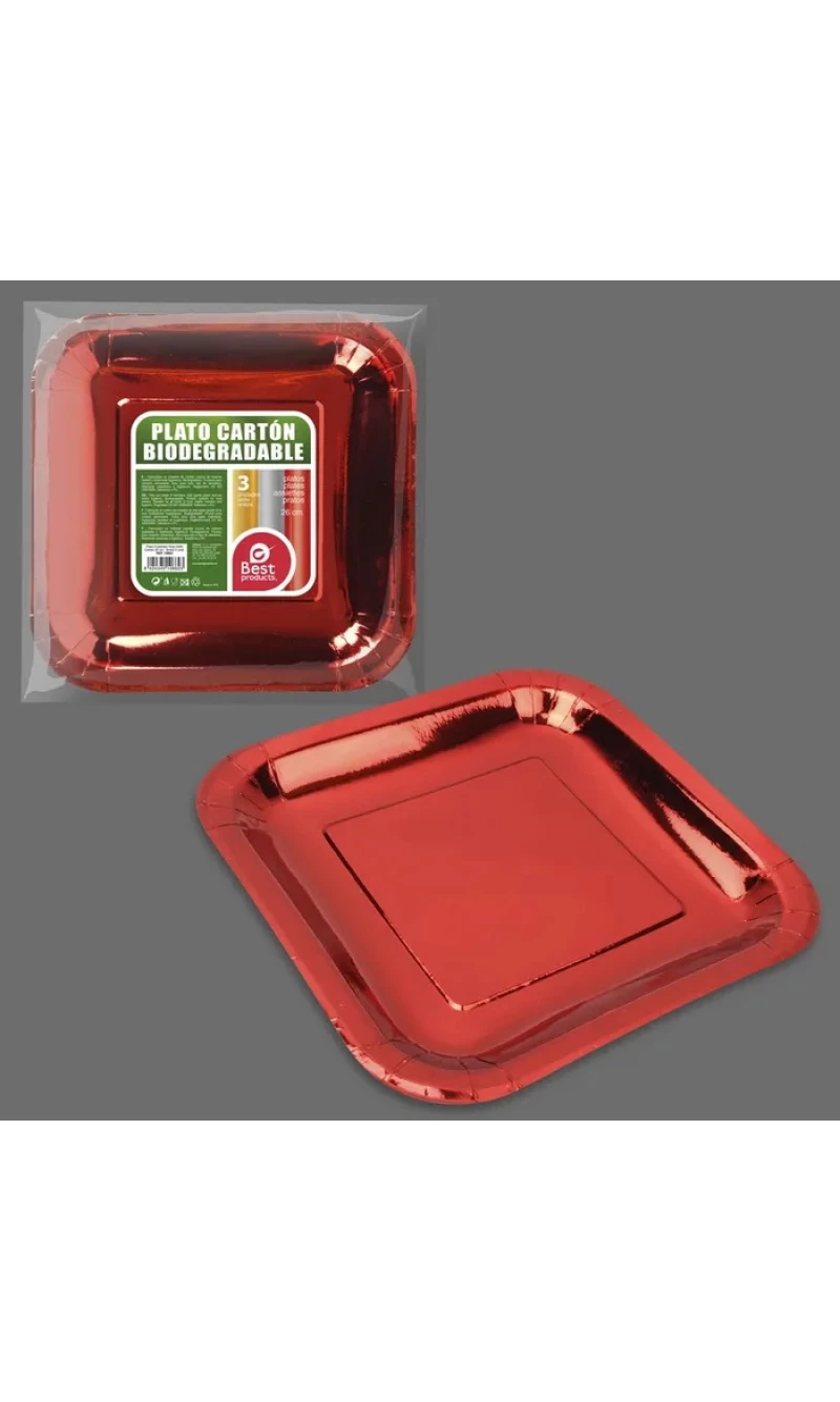 Metallic Red Square Paper Plates 26cm - 3pk