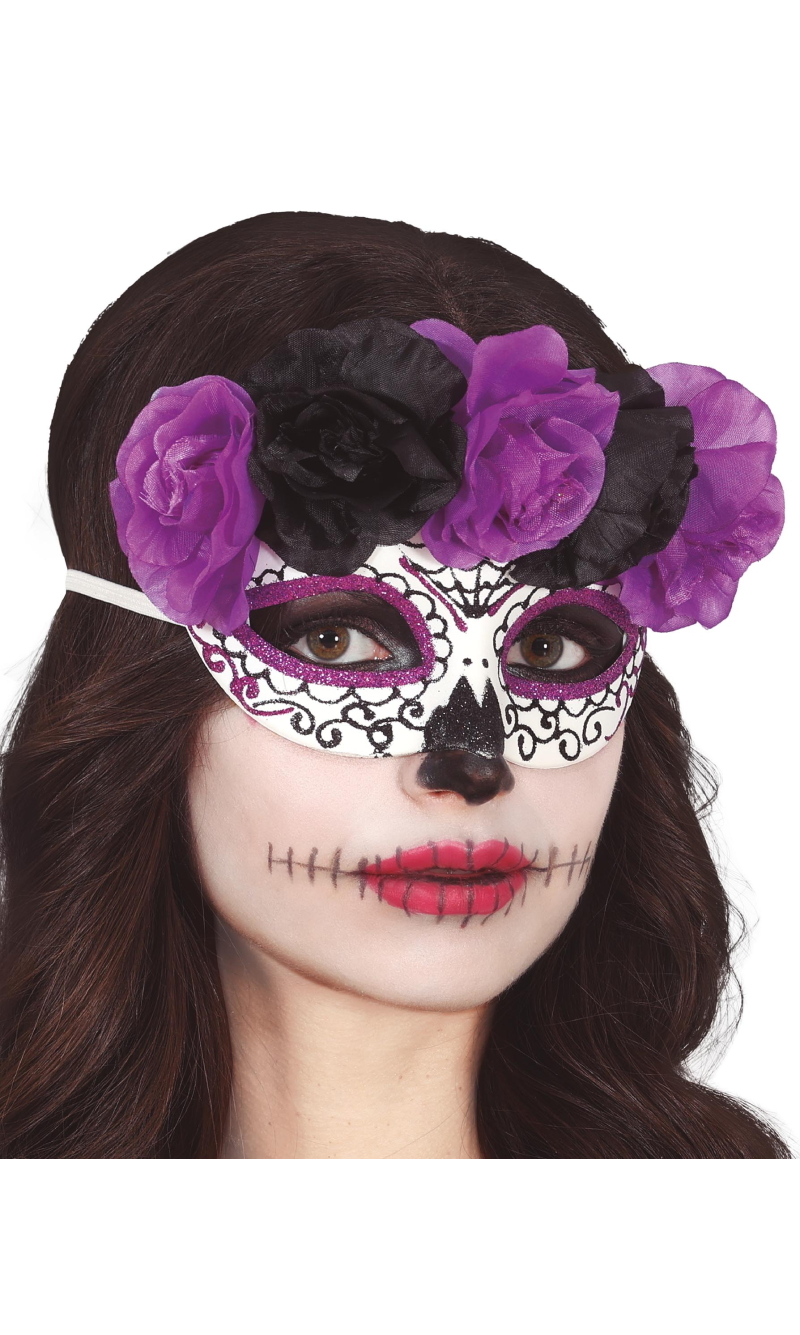 Halloween Mask Catrina Purple & Black Flowers