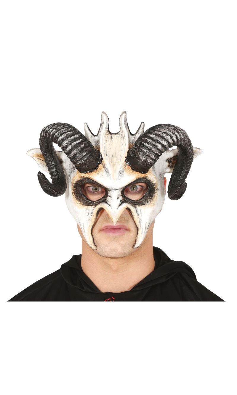 White Demon Half Mask With Horns - Adult One Size