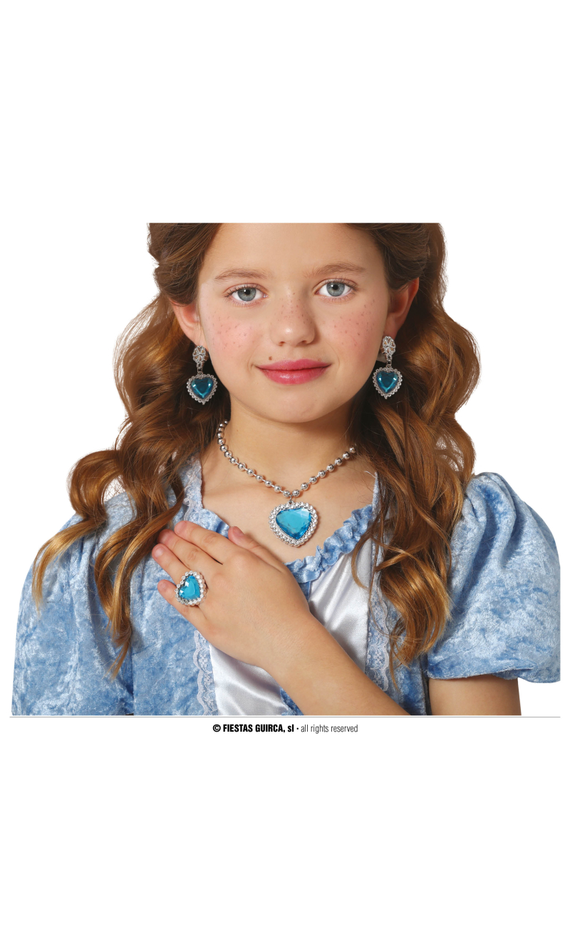 Blue Heart Jewellery Set (Necklace, Ring & Earrings) - Child One Size