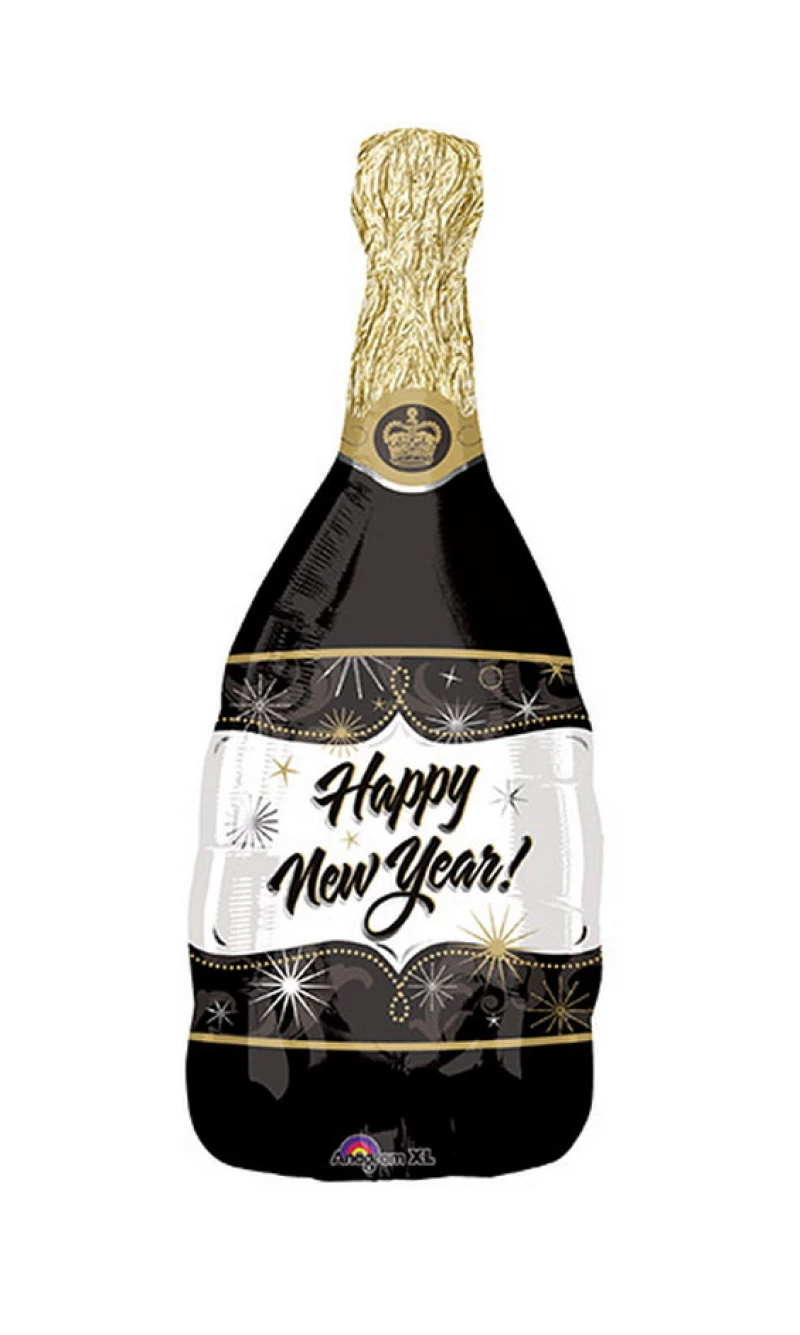 Happy New Year Bubbly Wine SuperShape Foil Balloon - 35cm x 91cm