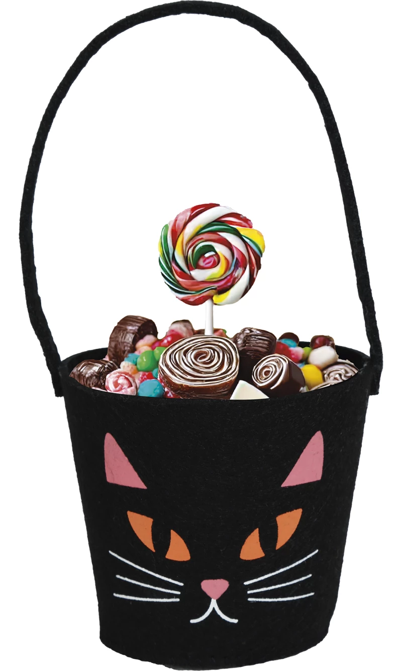 Halloween Black Felt Candy Bucket Cat 13x10cm