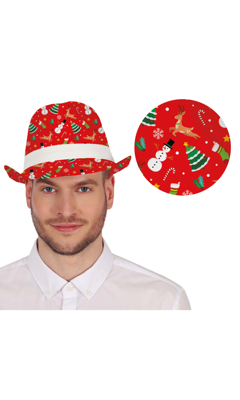 Christmas Red Printed Gangster Hat - Adult One Size
