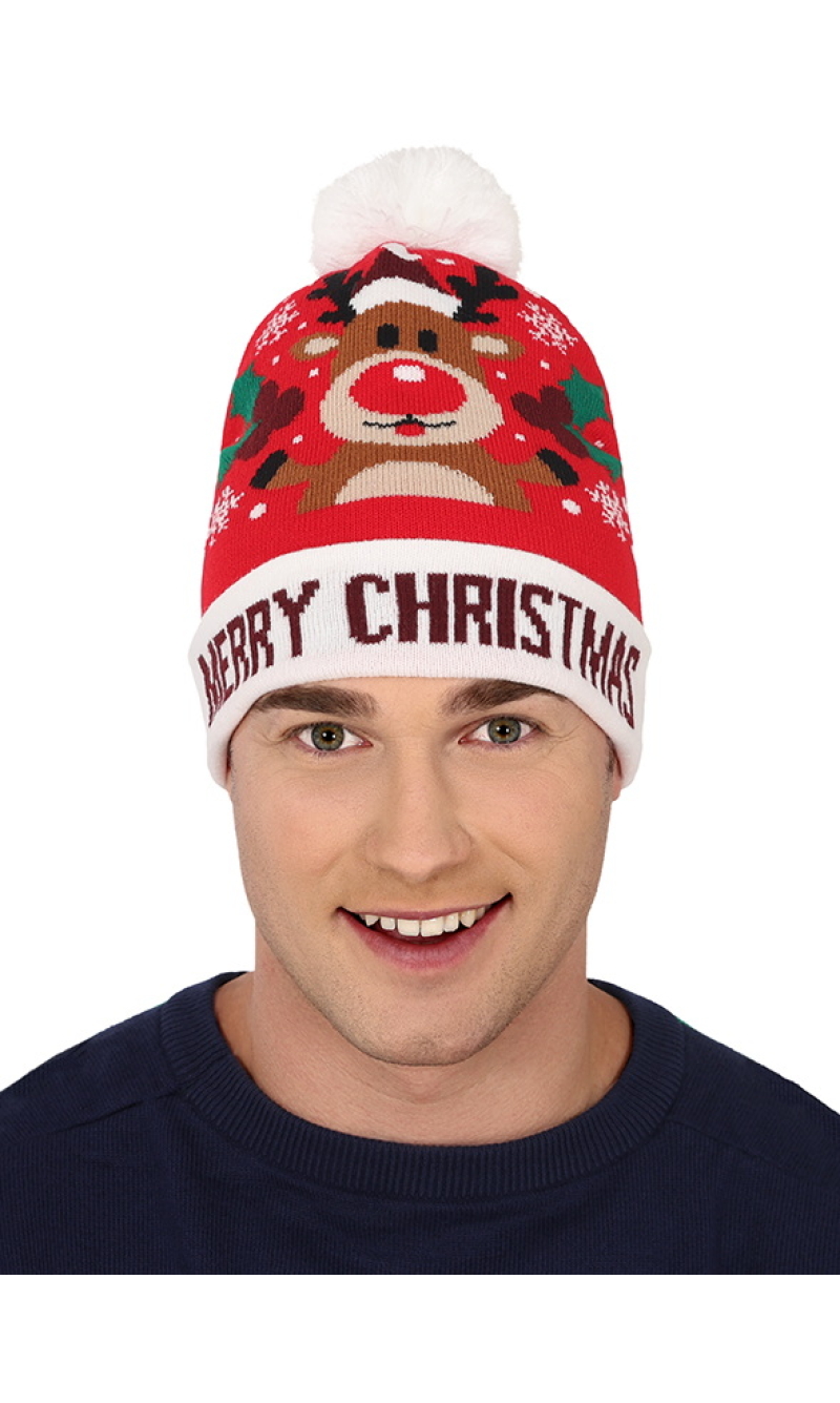 Christmas Reindeer Wool Effect Hat - Adult One Size