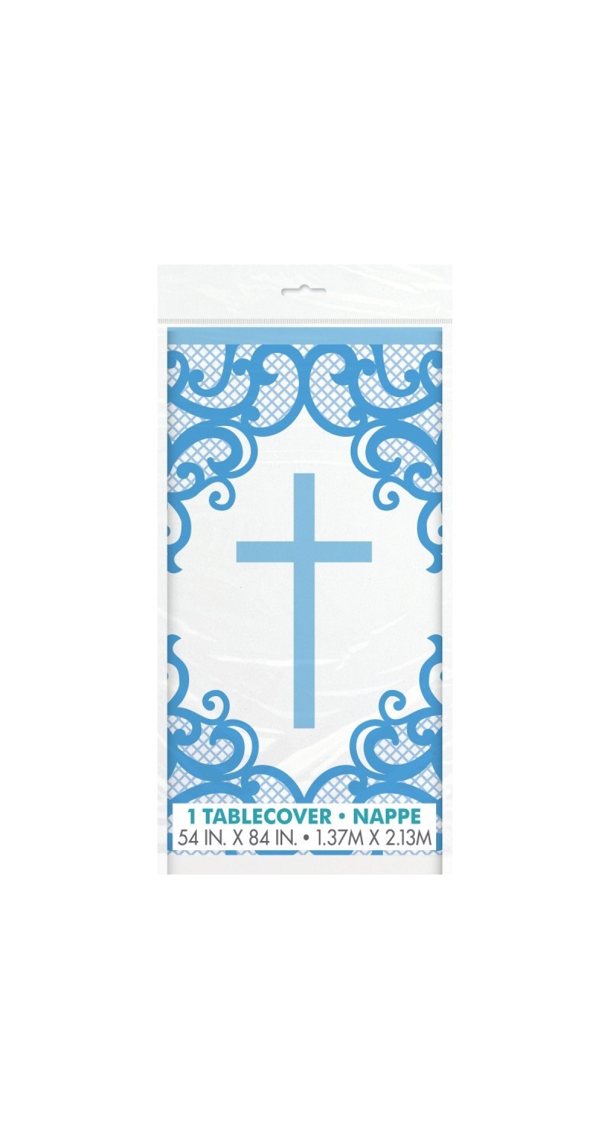Fancy Blue Cross Plastic Table Cover - 54" x 84"