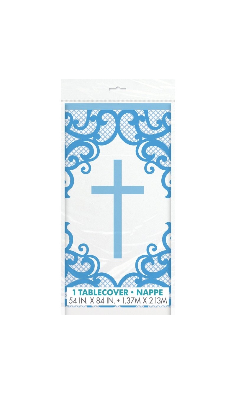 Fancy Blue Cross Plastic Table Cover - 54" x 84"