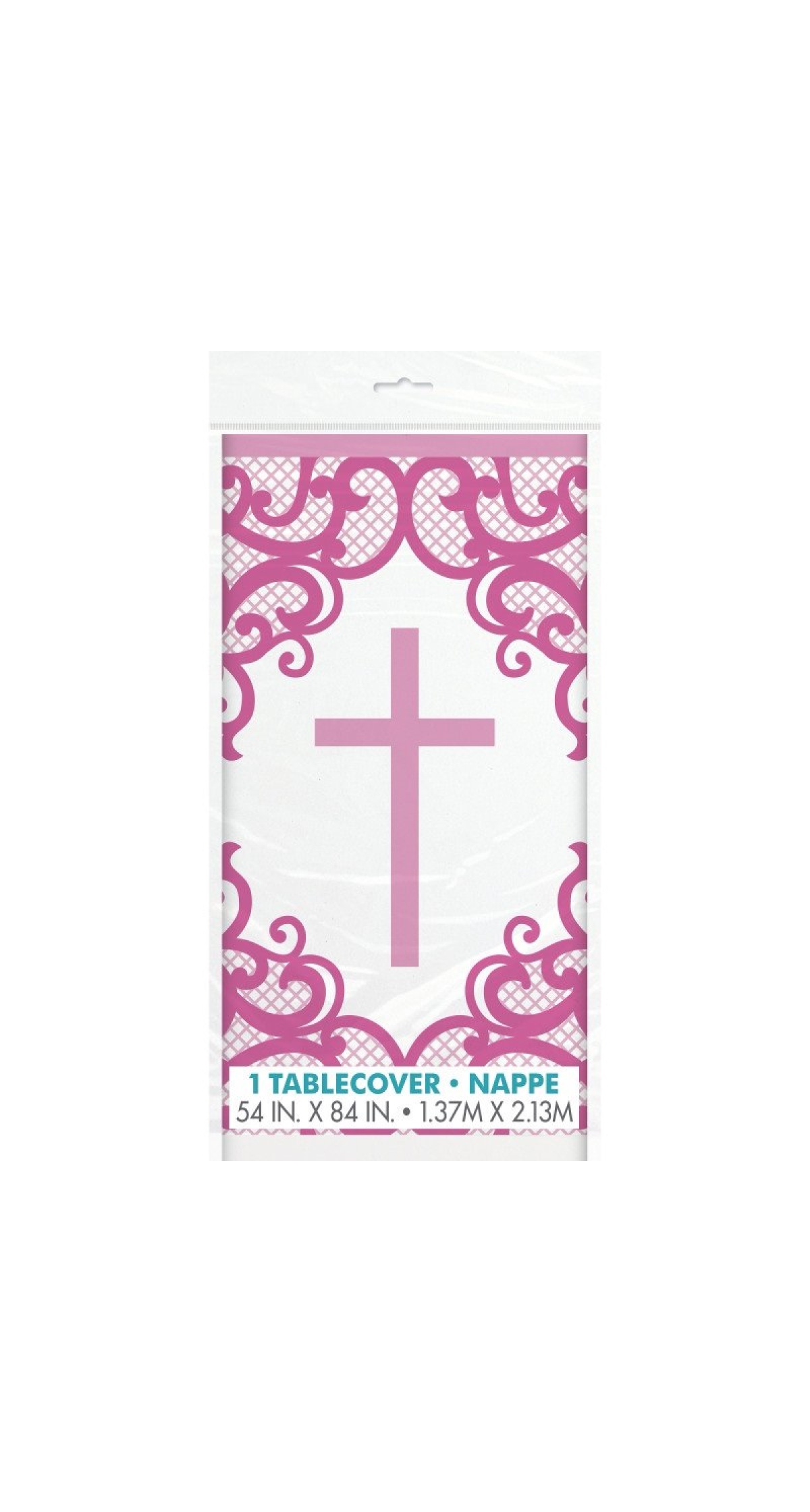 Fancy Pink Cross Plastic Table Cover - 54" x 84"