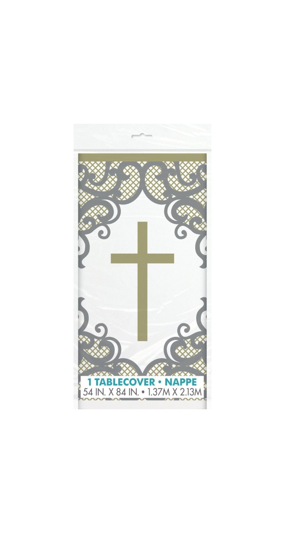 Fancy Gold Cross Plastic Table Cover -  54" x 84"